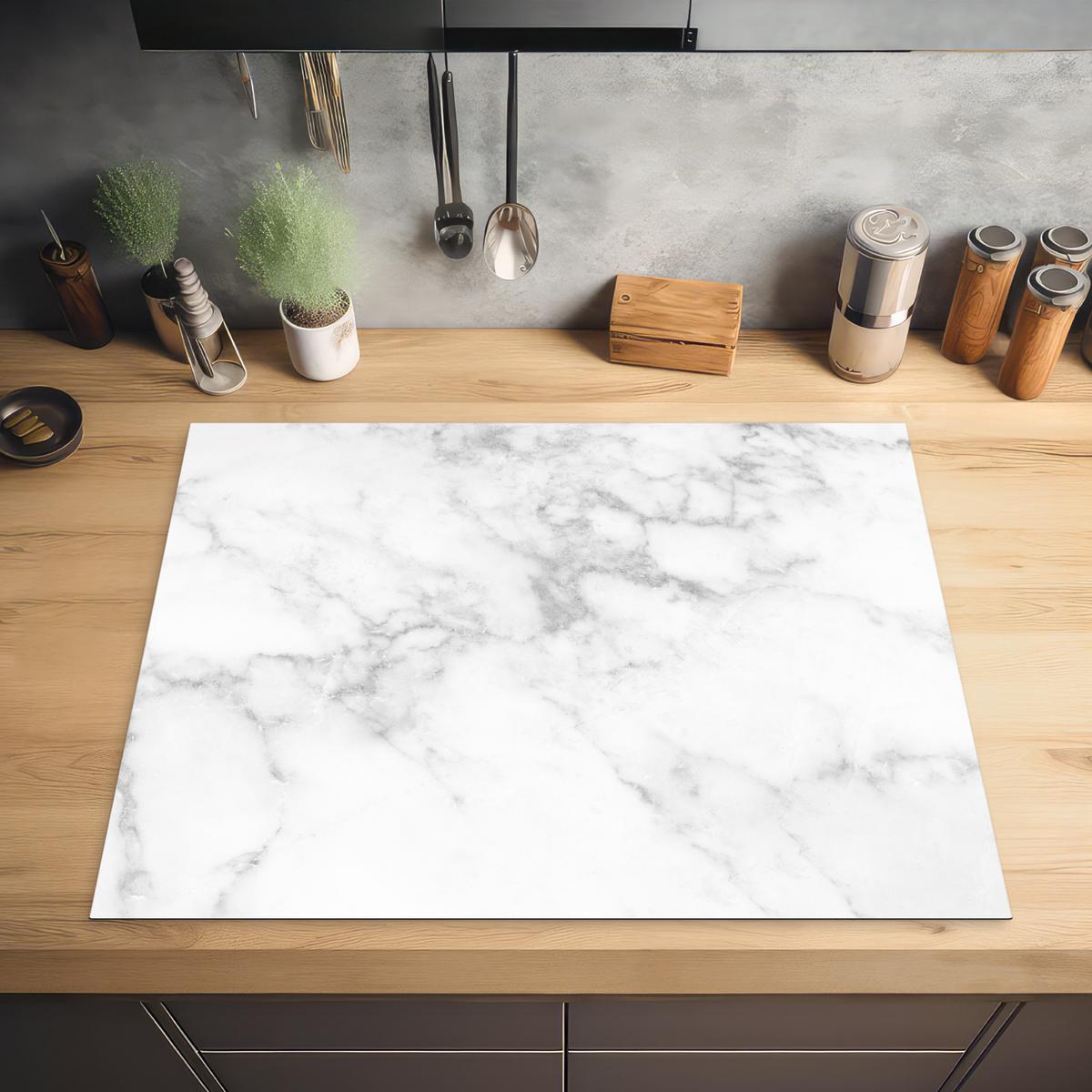 HERDABDECKPLATTE Marmor - Grau - Weiß - Strukturierter Marmor Induktionsmatte 77x59 cm - Weiß, Kunststoff (77/59/0.2cm) - MuchoWow
