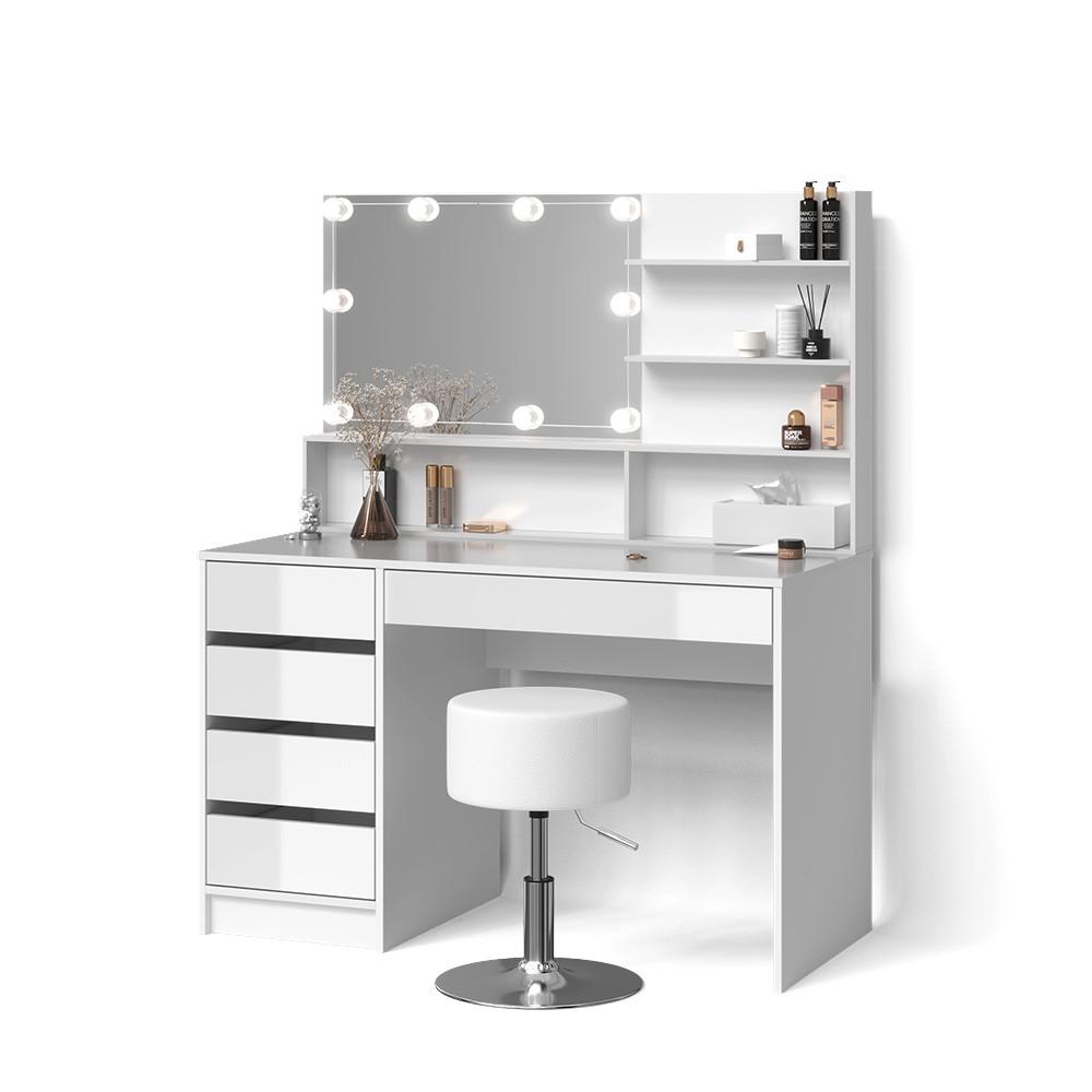 SCHMINKTISCH Imola Weiß mit LED Beleuchtung, Hocker und Spiegelregal - Weiß, Holzwerkstoff (145/75/55cm) - Livinity®