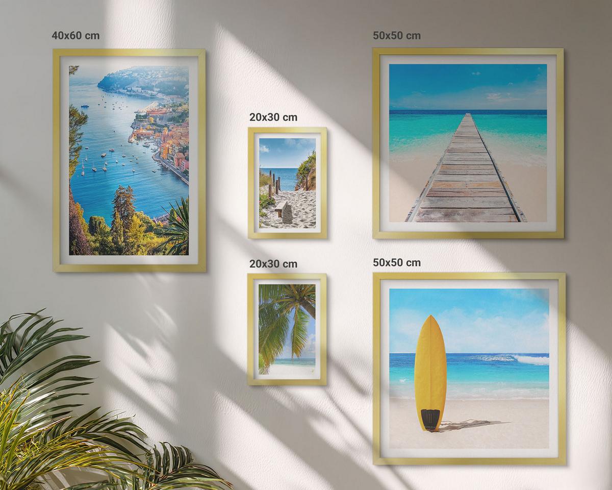 BILDER SET 5er Set - 50x50 cm & 20x30 cm & 40x60 cm Goldrahmen - Urlaubsblick Strand Palmen - Goldfarben, Kunststoff (40/60cm) - TULUP