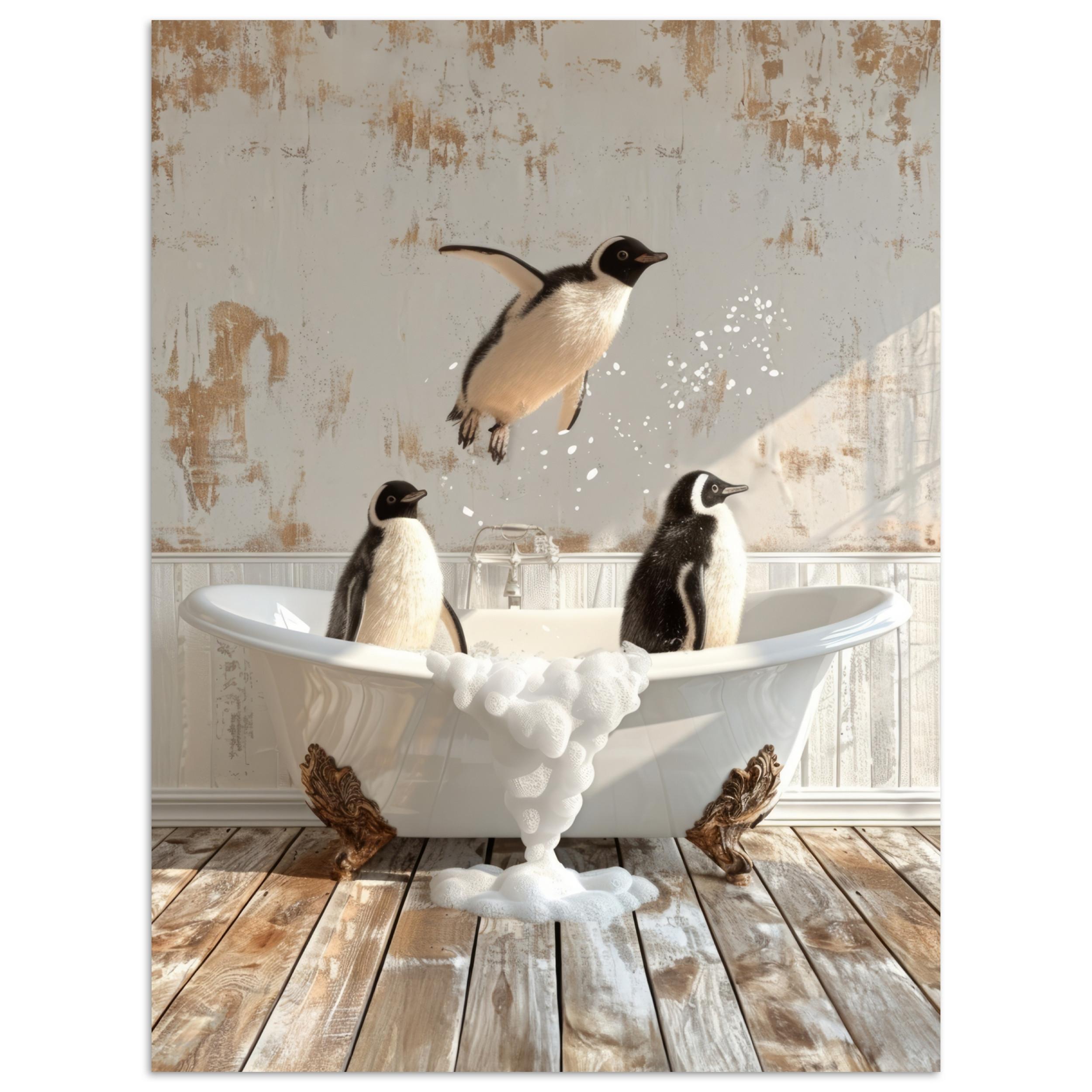 POSTER Vintage - Pinguin - Badewanne - Schaumstoff Deko Wohnzimmer 60x80 cm - Schwarz, Papier (60/80/0.1cm) - MuchoWow
