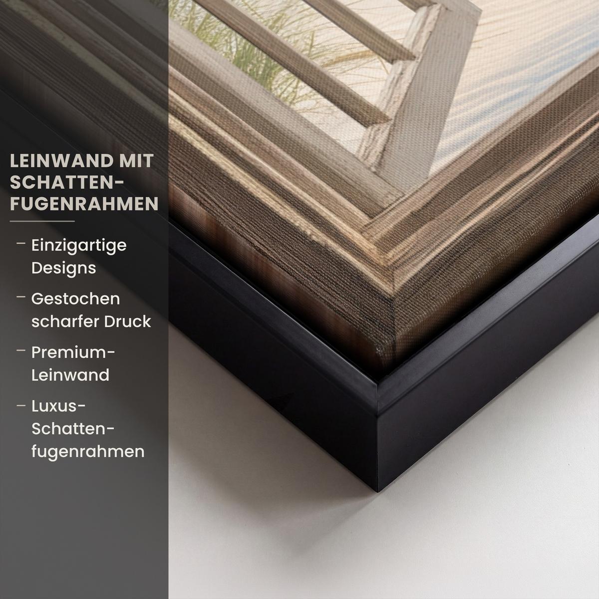 LEINWAND Bilder mit Rahmen - Aussicht - Strand - Fenster - Dünen - Meer - 80x60 - Hellblau, Textil (80/60cm) - MuchoWow