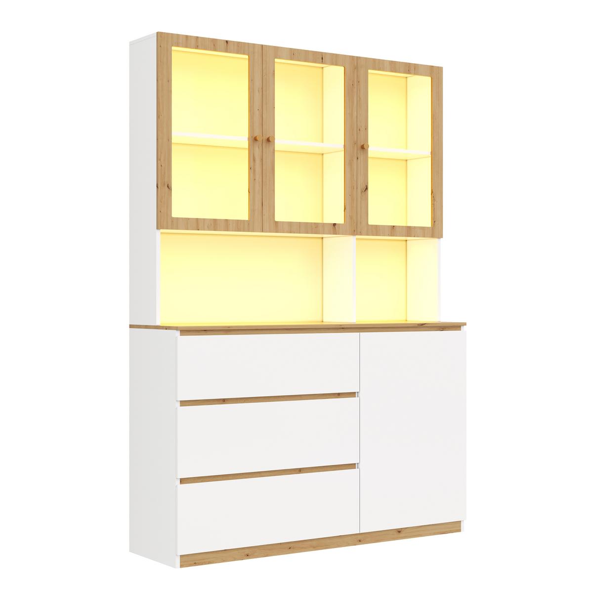 VITRINESCHRANK eiche & weiß 200 cm hoch mit led-beleuchtung & kabelmanagement - Weiß, Holzwerkstoff (120/200/40cm) - Urban Meuble
