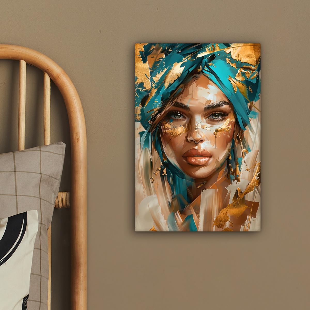 LEINWANDBILD Frau - Porträt - Gold - Luxus - Blau Deko Wohnzimmer 20x30 cm - Türkis, Textil (20/30cm) - MuchoWow