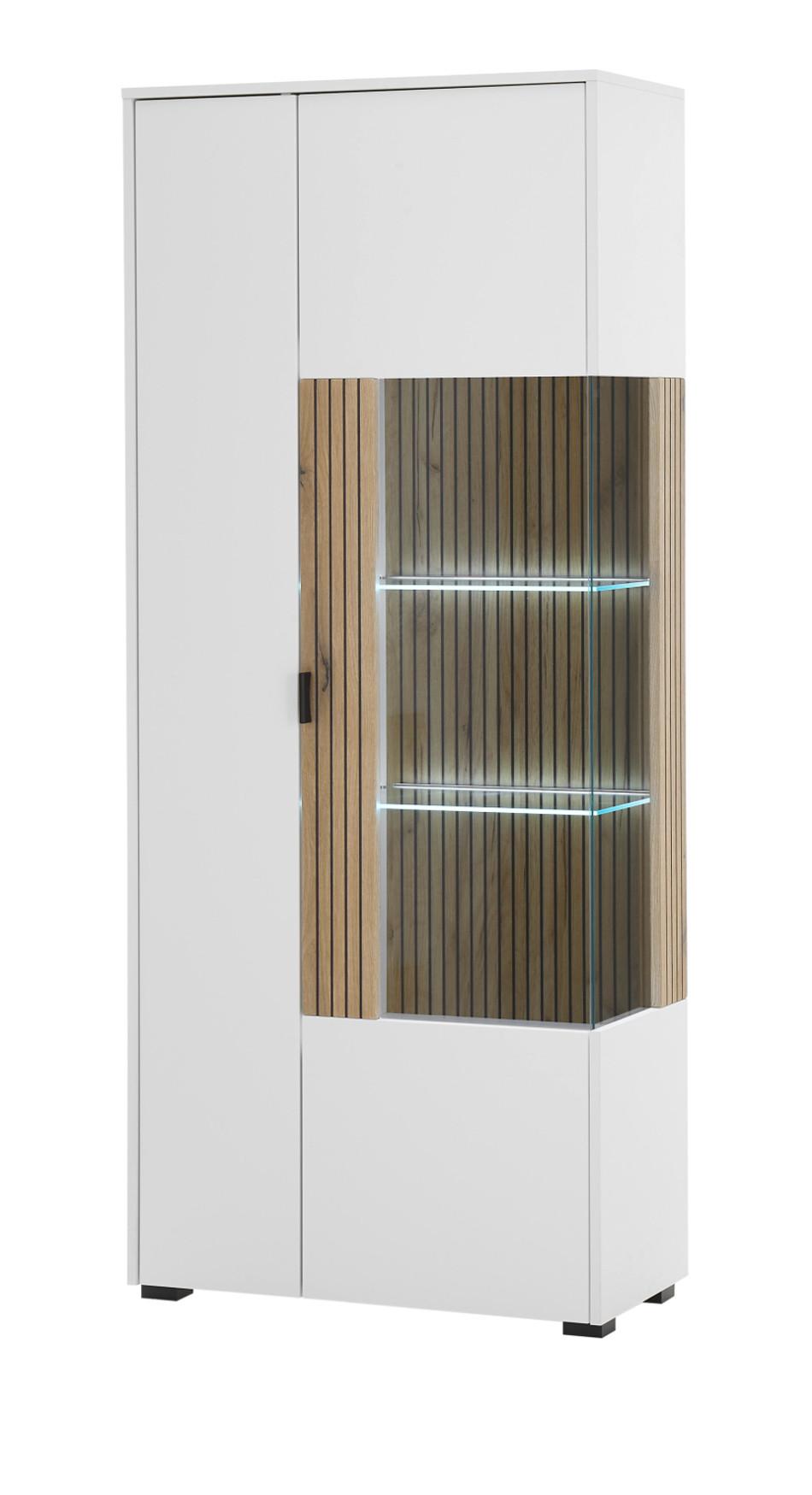 VITRINE weiß matt, Eiche 75 x 180 cm, Vitrinenschrank mit 10 Fächern und Soft-Close-Funktion - Eichefarben/Schwarz, Glas/Holzwerkstoff (75/180/38cm) - Furn.Design