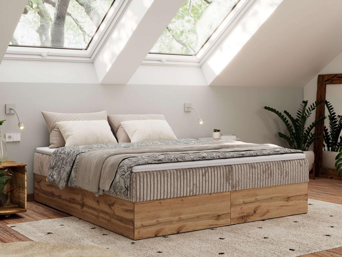BOXBETT WOOD ZERO 160/200 - Hellbraun Cord - H4 - Topper Visco - Hellbraun, Textil (160/200cm) - MKS
