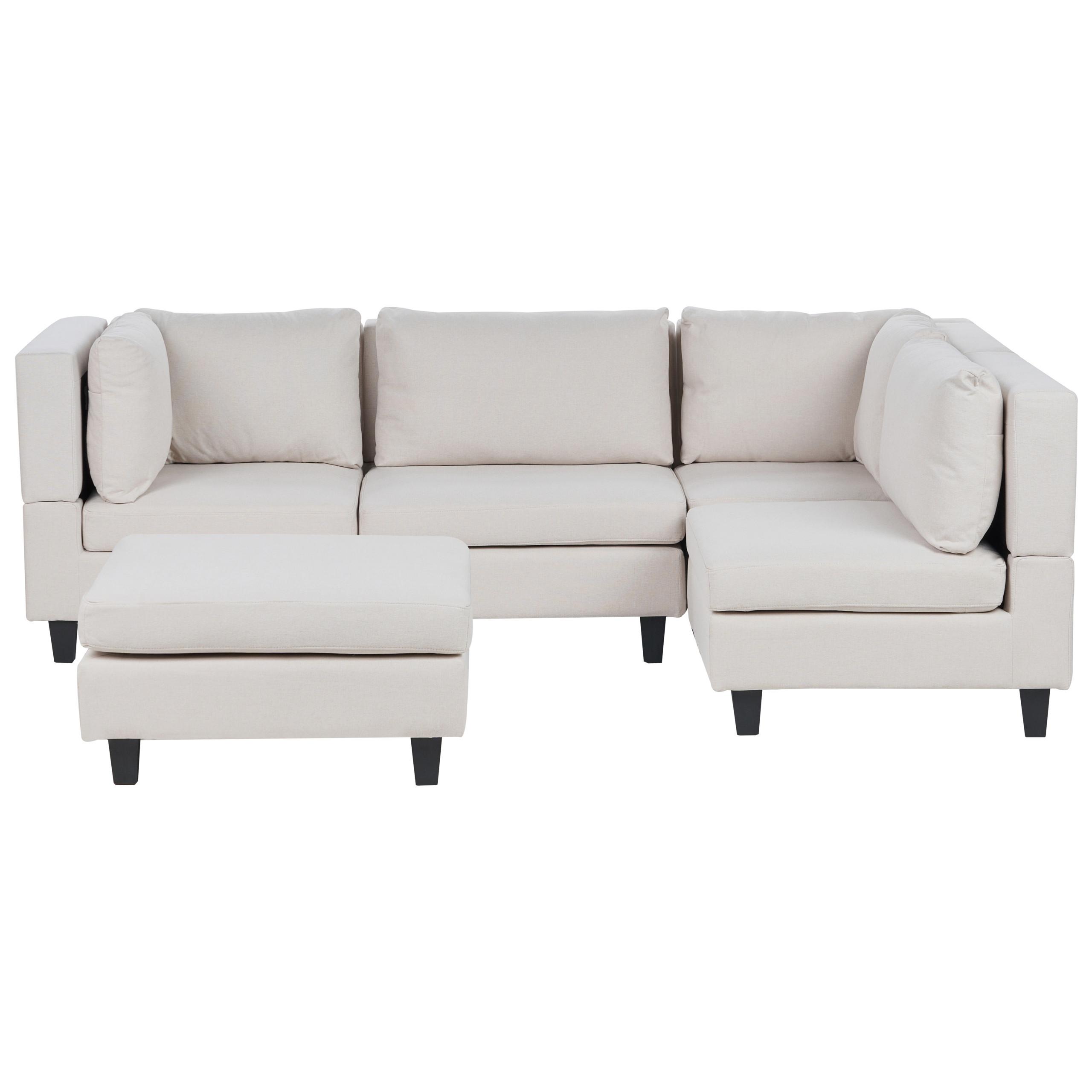 4-SITZER-ECKSOFA Leinenoptik hellbeige rechtsseitig mit Ottomane Fevik - Beige/Schwarz, Textil (228/72/152cm) - Beliani