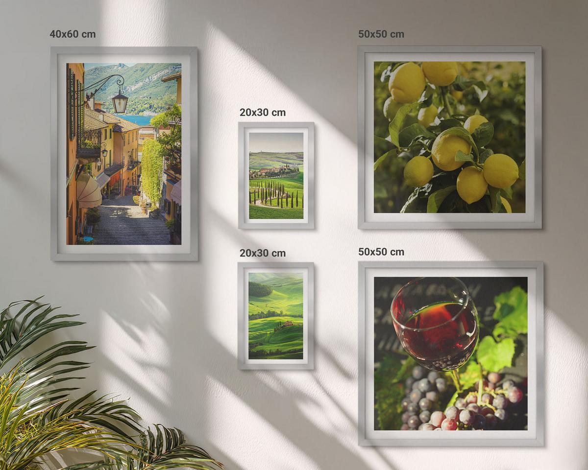 BILDER SET 5er Set - 50x50 cm & 20x30 cm & 40x60 cm Silberner Rahmen - Italienische Landschaften, Zitrushügel - Silberfarben, Kunststoff (40/60cm) - TULUP