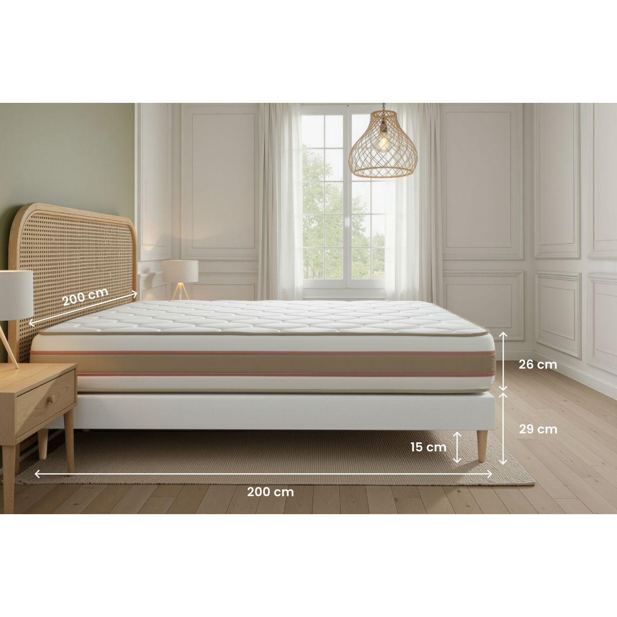 BETT Le Délicat Taschenfederkern und Memory-Schaum 200 x 200 cm h1 - Kit Bettgestell Weiß - Mit Kissen und Bettdecke - Beige/Weiß, Karton/Holz (200/200cm) - Marmottes & Co
