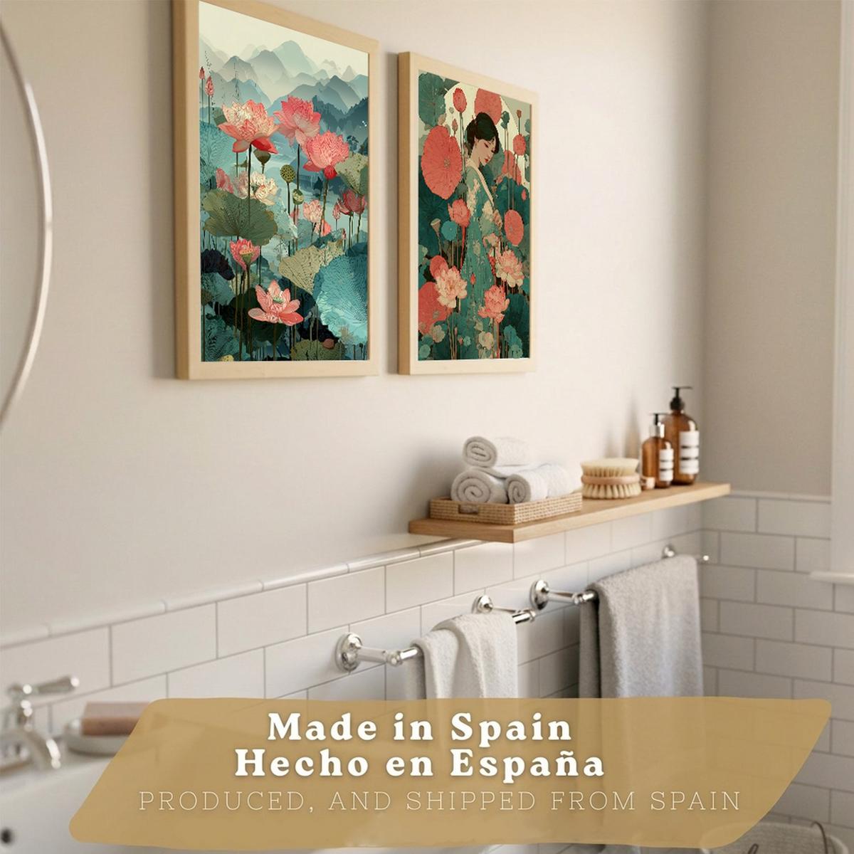 POSTER 2er-Set dekorative Badezimmerdrucke, japanisch-orientalische Kunstposter WC mit Lotusblumen, asiatische Landschaft, Stil Rahmenlos A4 - Klar, Papier (29.7/21/3cm) - Nacnic