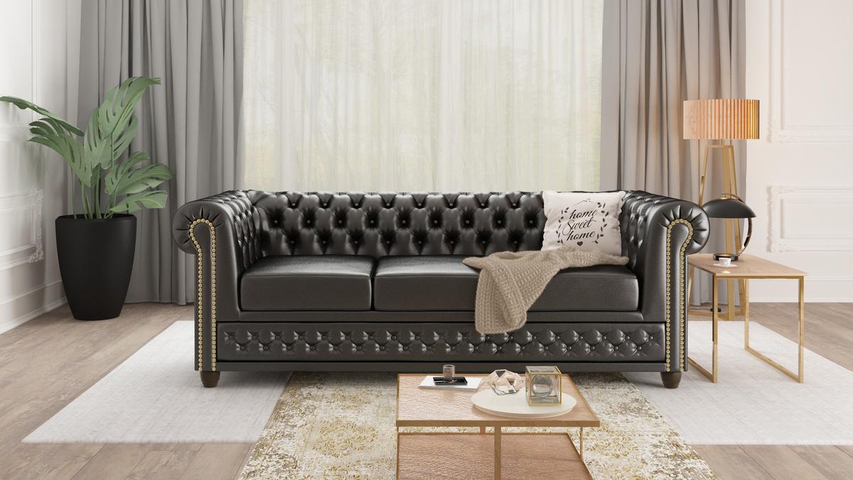 CHESTERFIELD-SOFA 3-sitzer mit Schlaffunktion Morin Schwarz vegan Leder - Schwarz/Braun, Holz/Textil (203/72/86cm) - S-Style Möbel