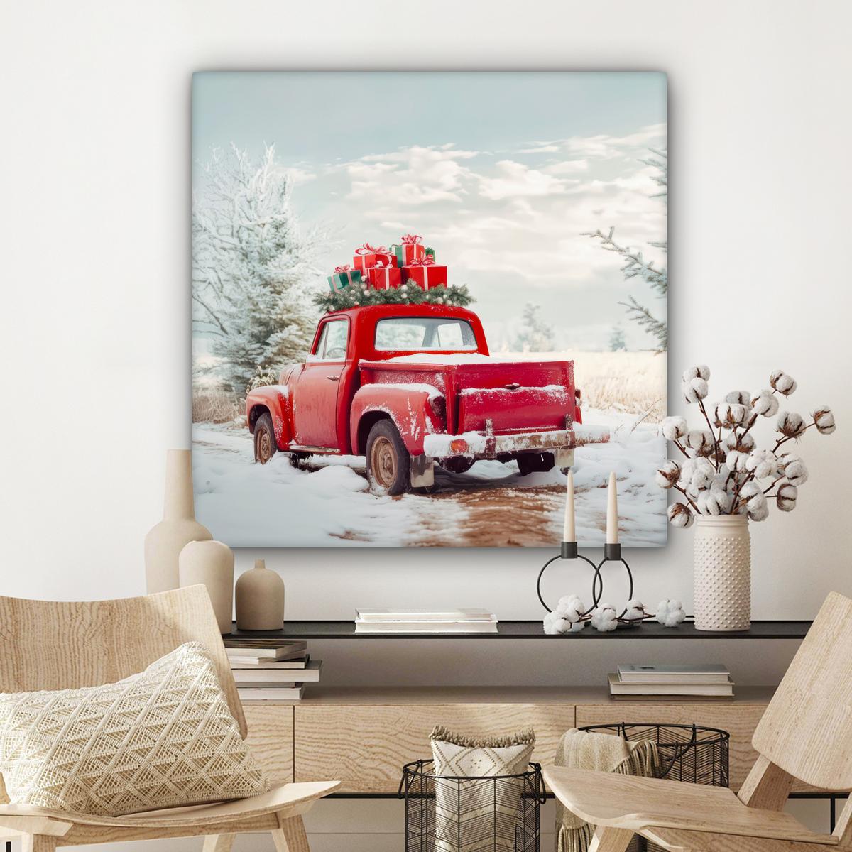 LEINWANDBILD Auto - Rot - Geschenke - Winter - Schnee - Weihnachten Deko Groß 90x90 cm - Rot, Textil (90/90cm) - MuchoWow