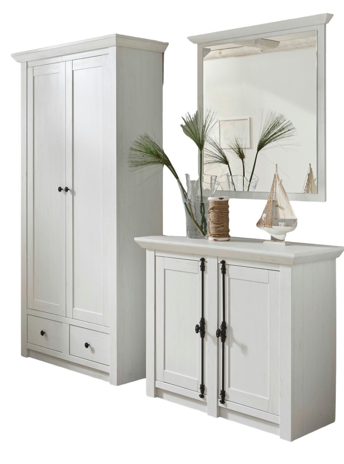 GARDEROBE Pinie weiß Set 3-teilig 220 cm, Komplettset Landhaus - Schwarz/Weiß, Glas/Holzwerkstoff (220/206/45cm) - Furn.Design