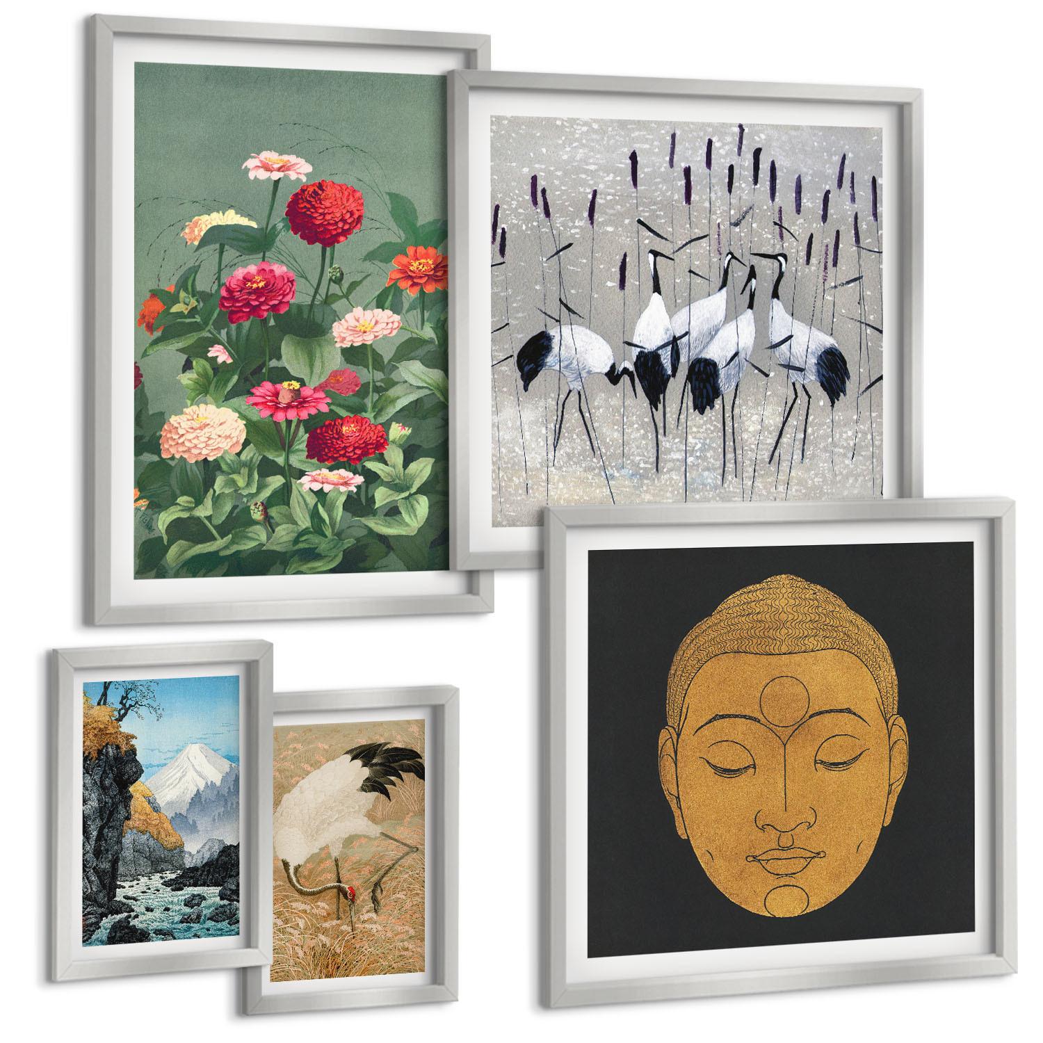 BILDER SET 5er Set - 50x50 cm & 20x30 cm & 40x60 cm Silberner Rahmen - Abstrakte Berge und Blumen Inspiration - Silberfarben, Kunststoff (40/60cm) - TULUP