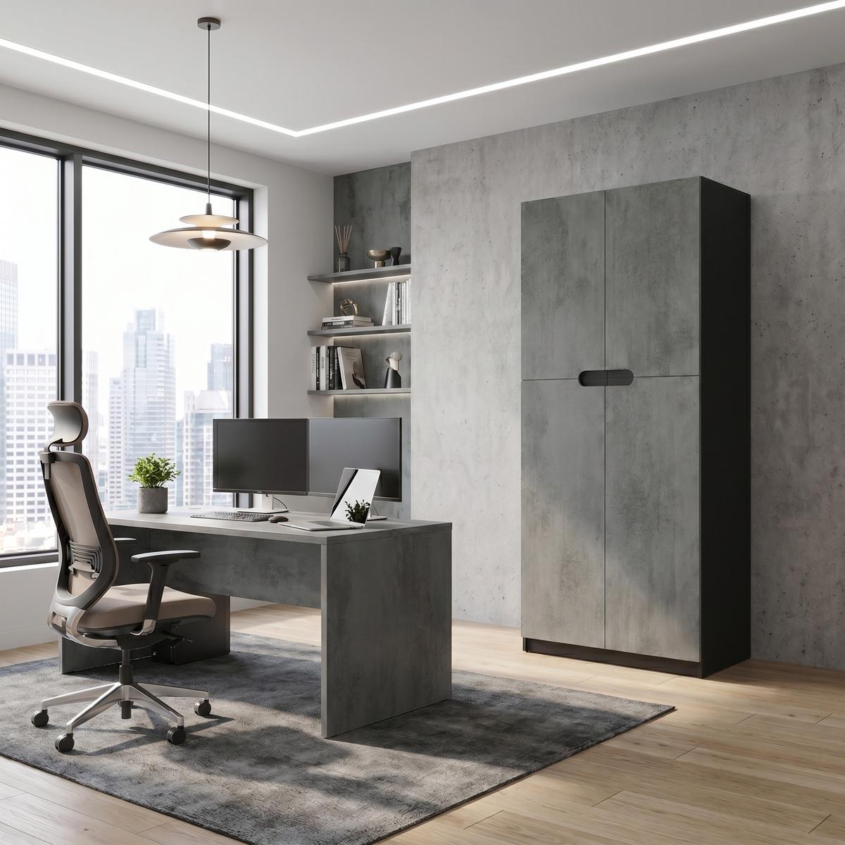 BÜROSCHRANK Logan Fronten in Beton Dunkel Optik - Dunkelgrau, Holzwerkstoff (82/184/37cm) - Vladon