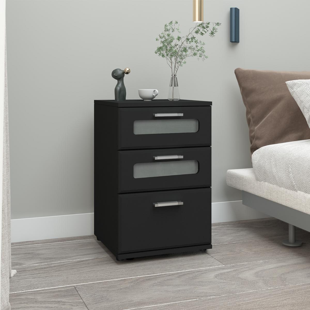 NACHTTISCH 2er Set mit 3 Schubladen Schwarz 40x60x38 cm aus Holz - Schwarz, Holzwerkstoff (40/60/38cm) - ML-DESIGN