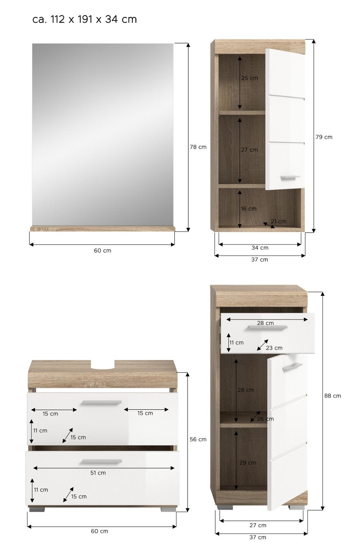 BADMÖBEL-SET weiß Hochglanz, Eiche 4-teilig 112 cm, Kombination mit viel Stauraum - Weiß Hochglanz/Eichefarben, Glas/Holzwerkstoff (112/191/37cm) - Inn.Furn