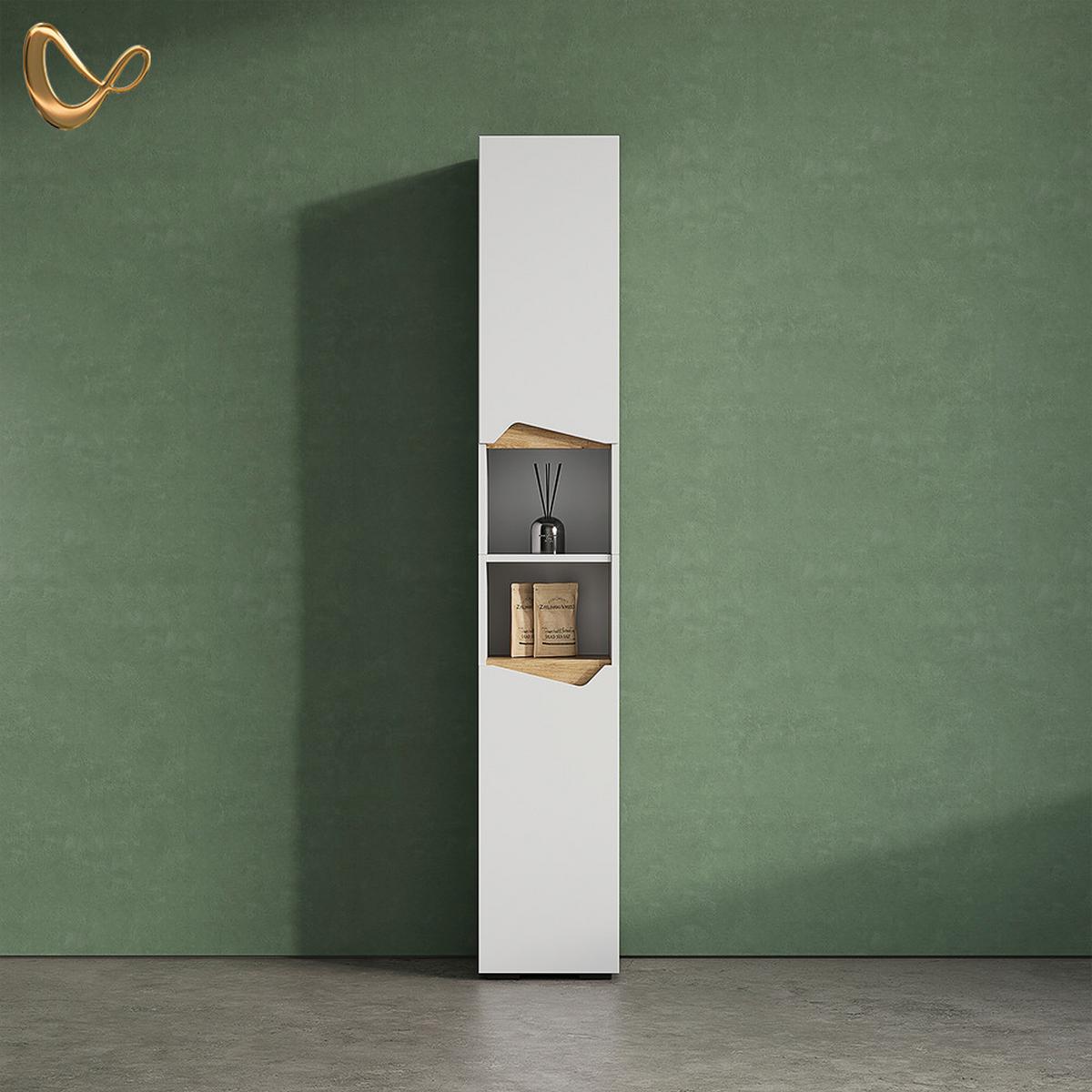 BADSCHRANK Timavo Weiß 30 x 180 cm mit Türen, und offenen Fächern - Weiß, Holzwerkstoff (30/180/35cm) - Livinity®