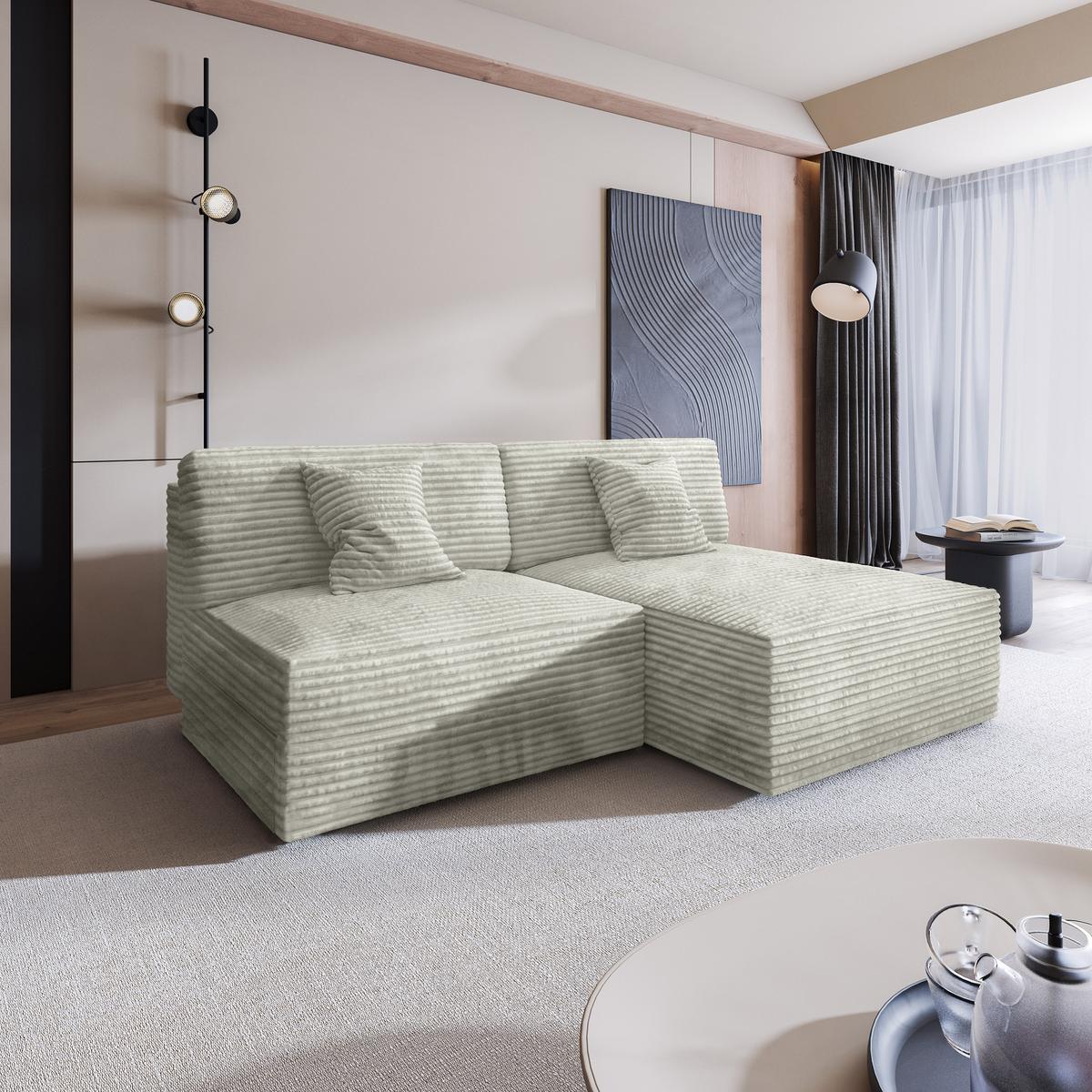 ECKSOFA FIORO Hellgrau Kordstoff mit Schlaffunktion - Silberfarben, Holz (204/148cm) - MASSENO