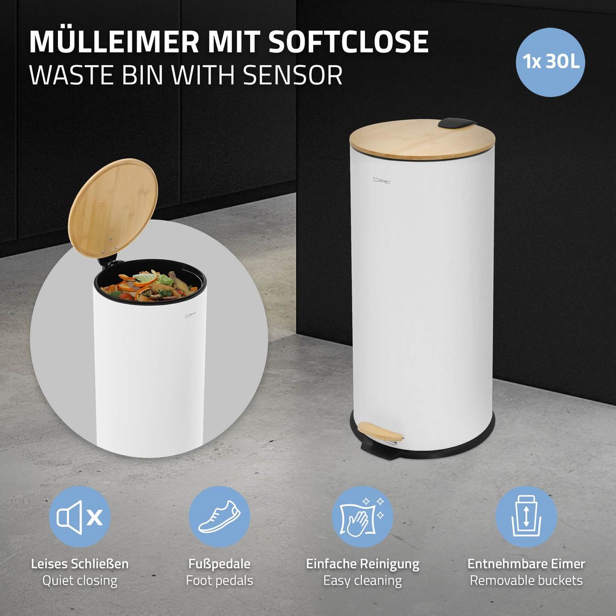 MÜLLEIMER 30L mit Fußpedal und Bambusdeckel Rund Weiß aus Stahl - Weiß, Metall (29/62.5/37cm) - ML-DESIGN
