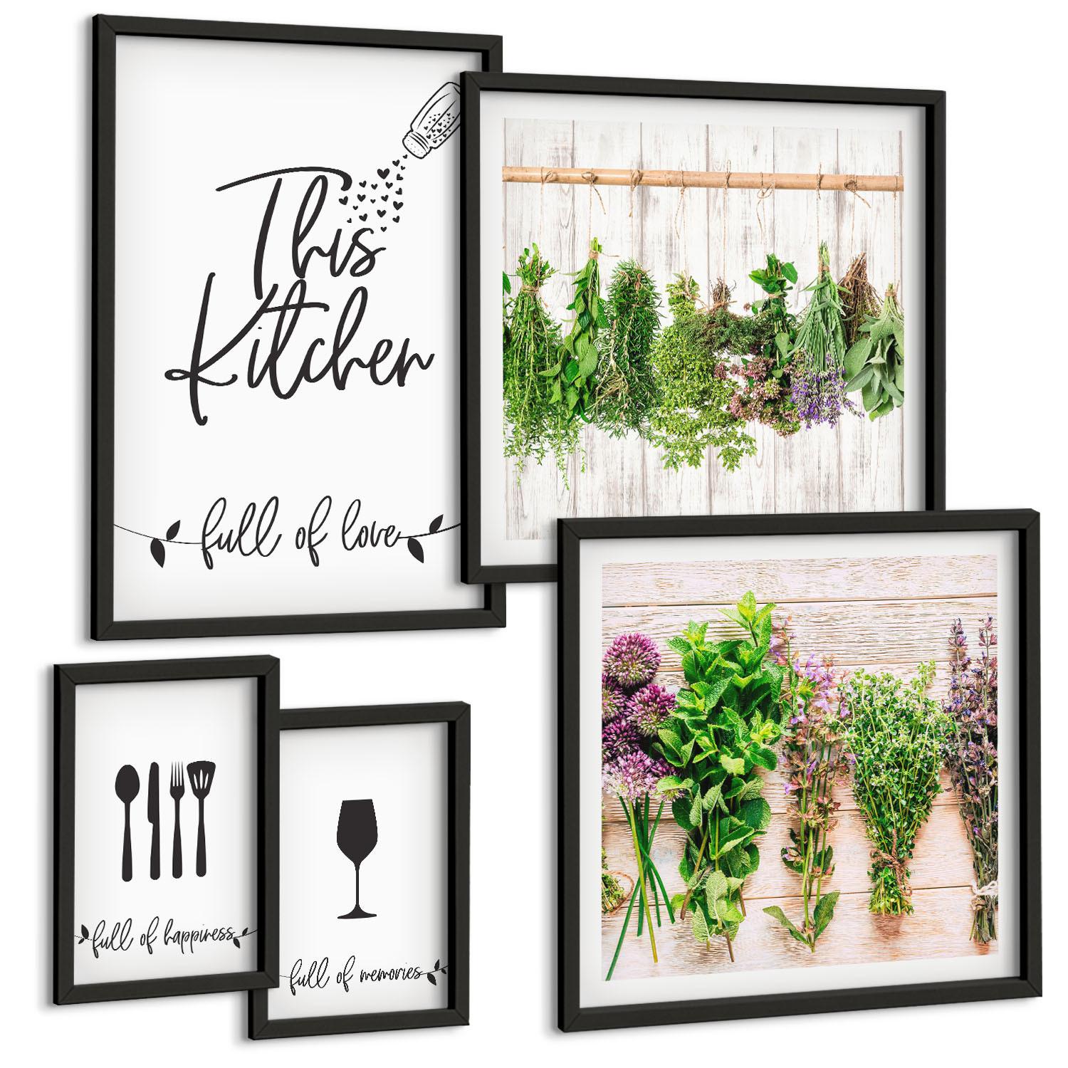BILDER SET 5er Set - 50x50 cm & 20x30 cm & 40x60 cm Schwarzer Rahmen - Tisch aus Zitronenbaum - Schwarz, Kunststoff (40/60cm) - TULUP