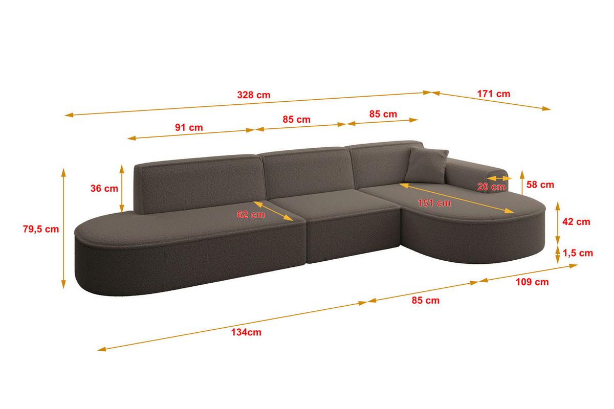 ECKSOFA Ottomane Rechts MARI-L2 - 328x171x79 cm Braun Bouclé - Schwarz/Braun, Holzwerkstoff/Kunststoff (171/328cm) - ALTDECOR