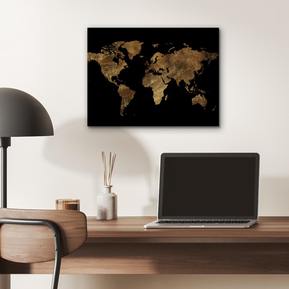 METALLBILD Weltkarte - Gold - Luxus - Erde - Schwarz 40x30 cm - Goldfarben, Metall (40/30cm) - MuchoWow