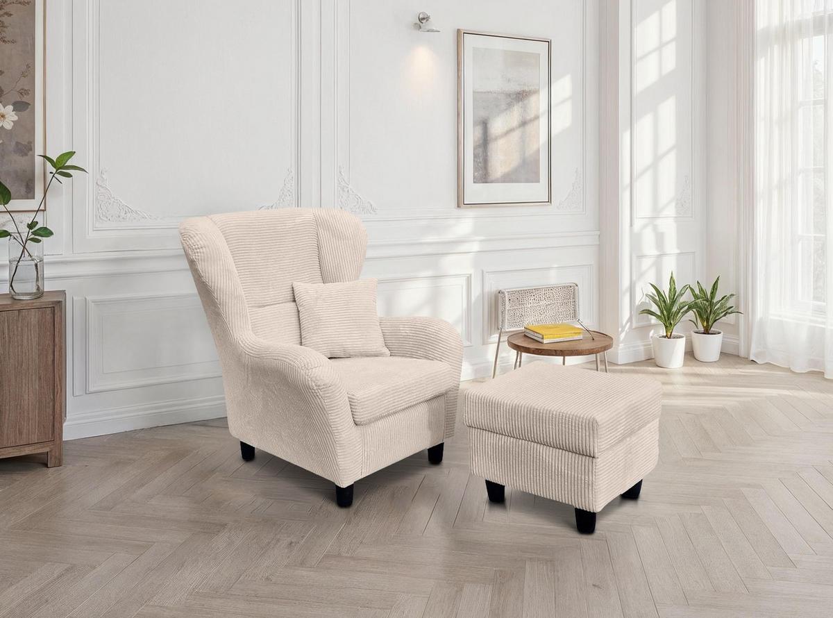OHRENSESSEL mit HOCKER, hoher Sitzkomfort durch Wellenunterfederung B90/H98/T76 cm, Cord Beige Creme / 18017 - Beige/Schwarz, Holz/Textil (90/98/76cm) - luma-home