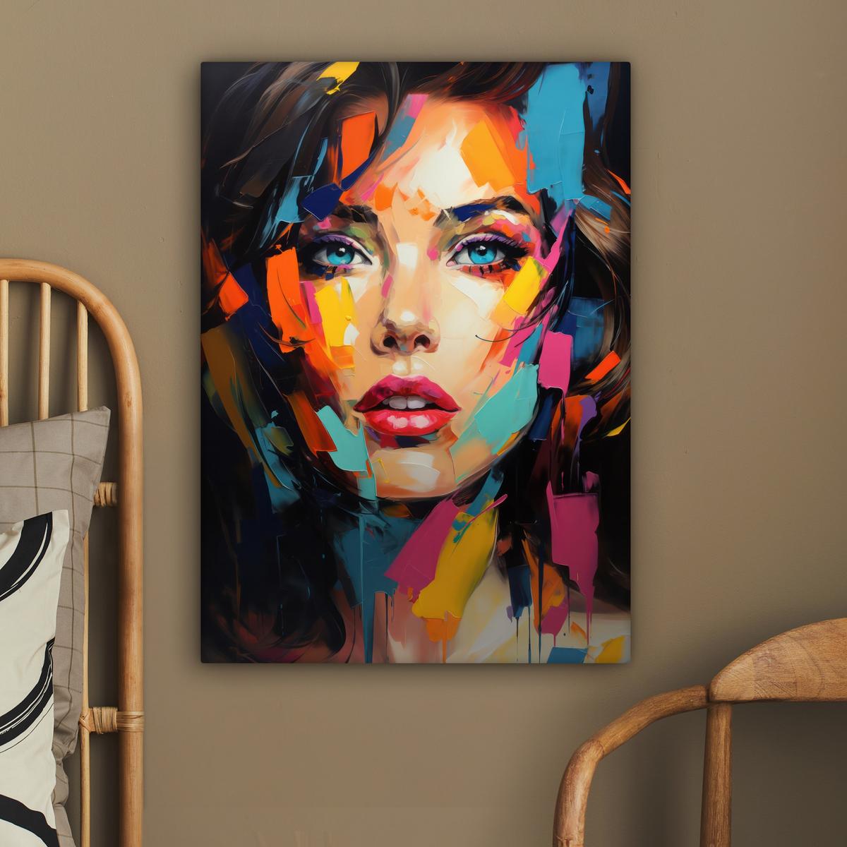 LEINWANDBILD Frau - Porträt - Farbenfroh - Kunst Wandbild Wohnzimmer 60x80 cm - Multicolor, Textil (60/80cm) - MuchoWow