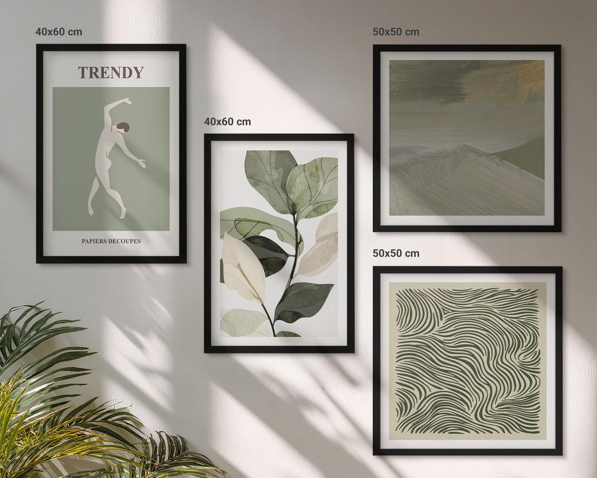 BILDER SET 4er Set - 50x50 cm & 40x60 cm Schwarzer Rahmen - Abstrakte Pflanzenmuster - Schwarz, Kunststoff (50/50cm) - TULUP