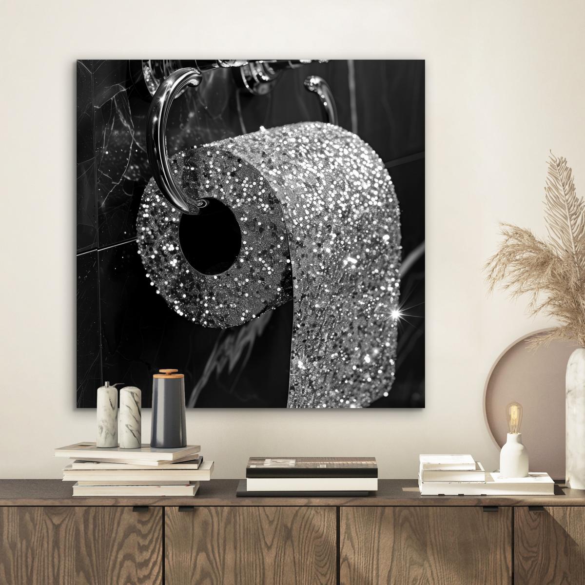 METALLBILD WC - Toilettenpapier - Schwarz und weiß - Glitter 50x50 cm - Silberfarben, Metall (50/50cm) - MuchoWow