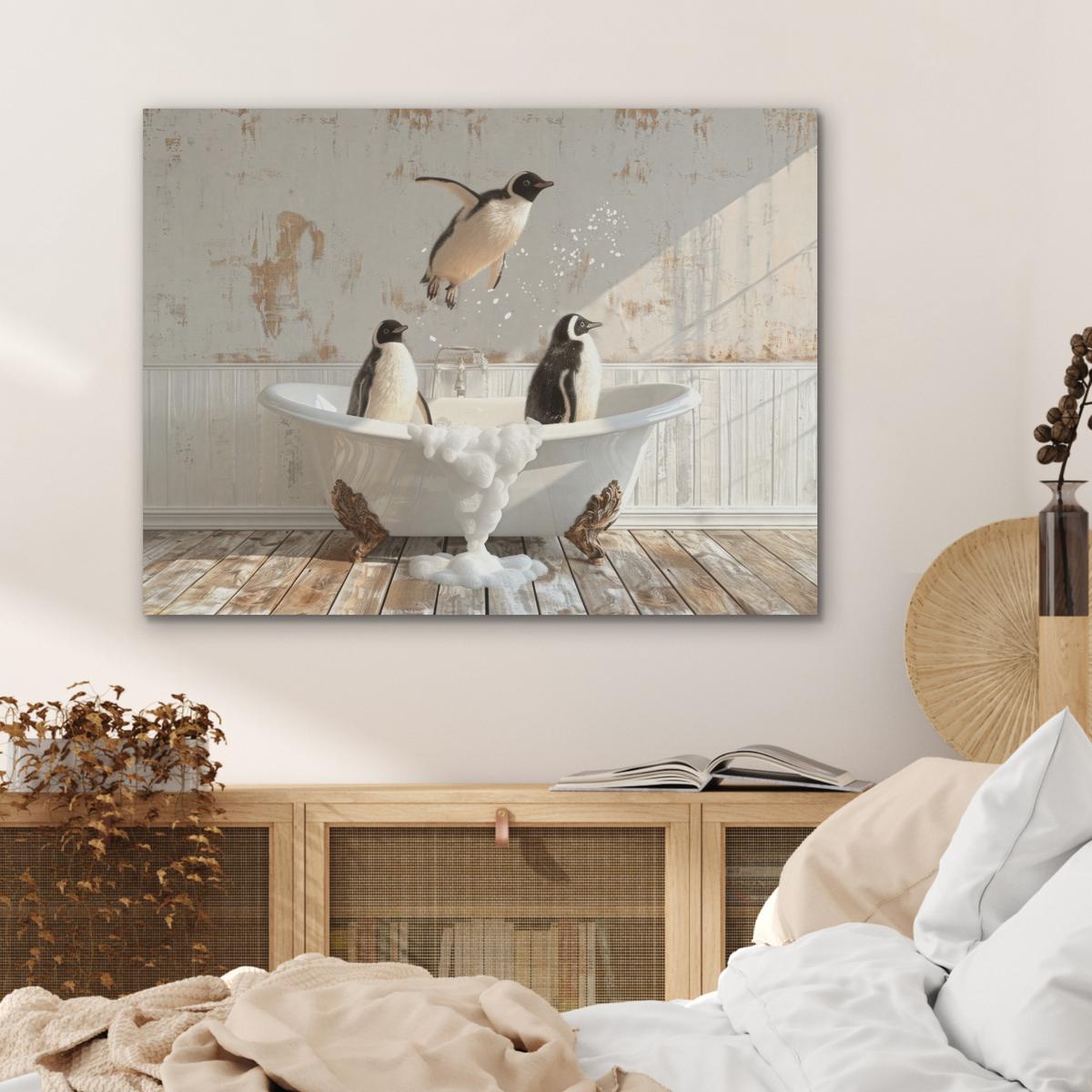 AKUSTIKBILD Vintage - Pinguin - Badewanne - Schaumstoff Gemälde 80x60 cm - Schwarz, Kunststoff (80/60/0.9cm) - MuchoWow