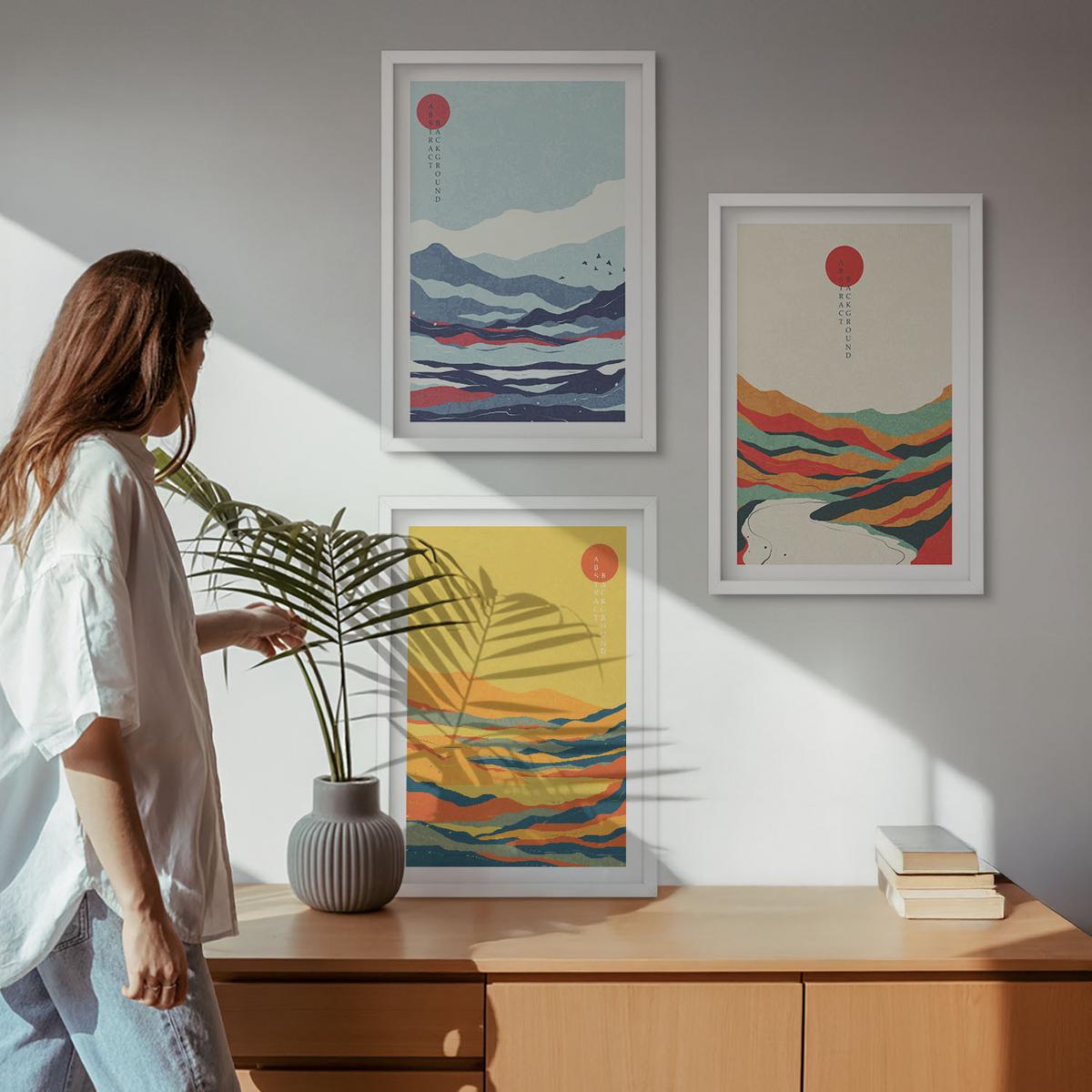 BILDER SET 3er Set - 40x60 cm Weißer Rahmen - Abstraktion von farbenfrohen Bergen und Flüssen - Weiß, Kunststoff (40/60cm) - TULUP
