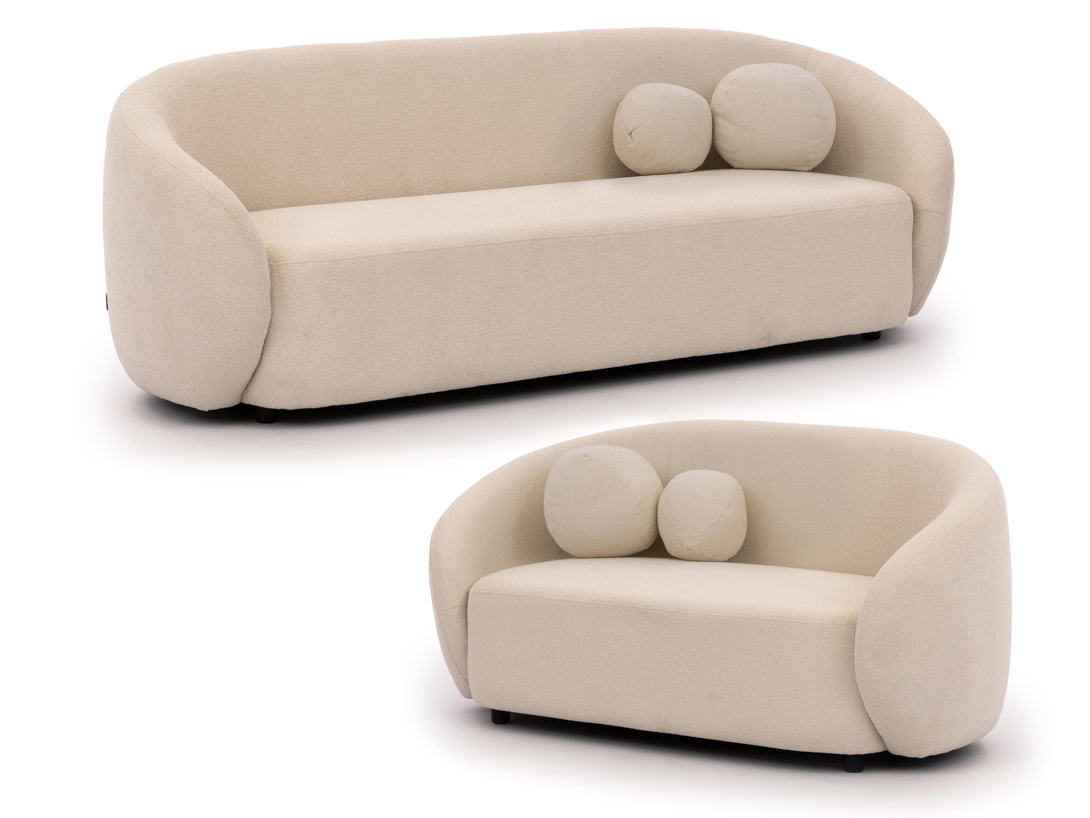 SITZGARNITUR 3+2 Roundi Cremeweiß Bouclé - Creme/Schwarz, Holz/Kunststoff (208/76/80cm) - S-Style