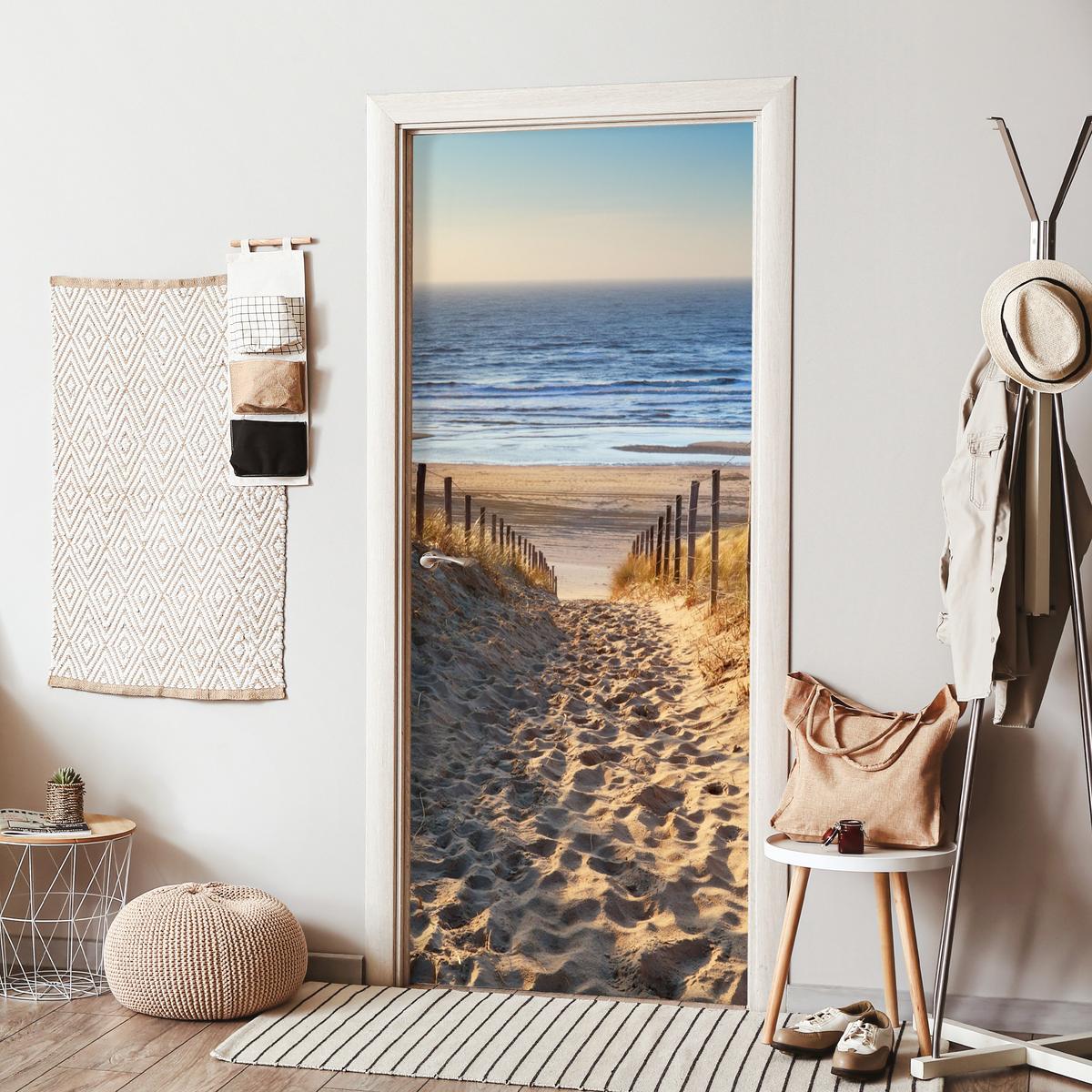 TÜRAUFKLEBER Strand - Meer - Niederlande - Dünen - Sonne 90x215 cm - Türtapete - Blau, Kunststoff (90/0.1cm) - MuchoWow