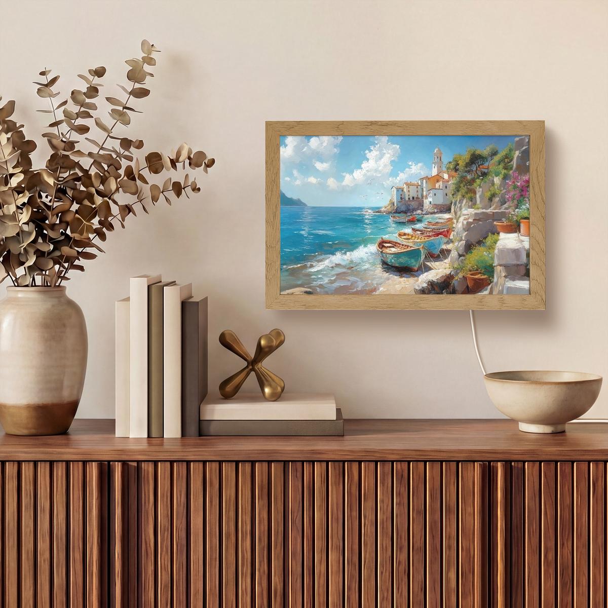 WANDLEUCHTE Boote - Felsen - Meer - Sonne 30x20 cm - Blau, Holzwerkstoff (30/20/8cm) - OnlyWow