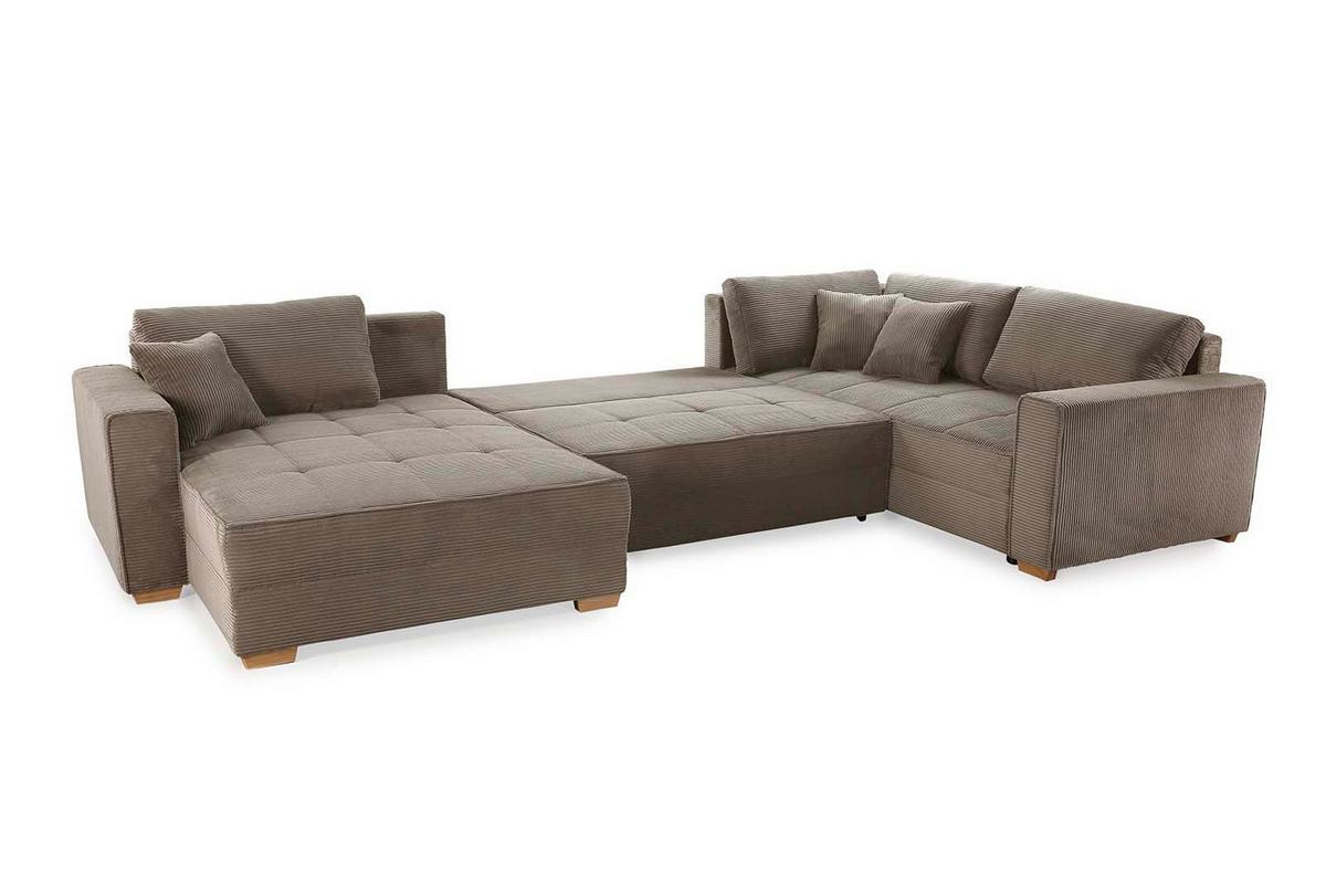 WOHNLANDSCHAFT Schlaffunktion Bettkasten Wellenunterfederung, spiegelverkehrt montierbar U-Form B379/T227/H86 cm, Cord Braun Taupe / 15197 - Eichefarben/Braun, Holz/Textil (379/86/227cm) - luma-home