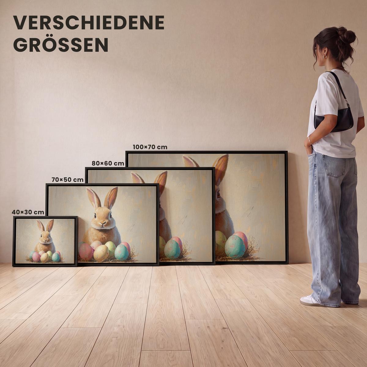 LEINWAND Bilder mit Rahmen - Osterhase - Pastell - Eier - 100x70 - Beige, Textil (100/70cm) - MuchoWow