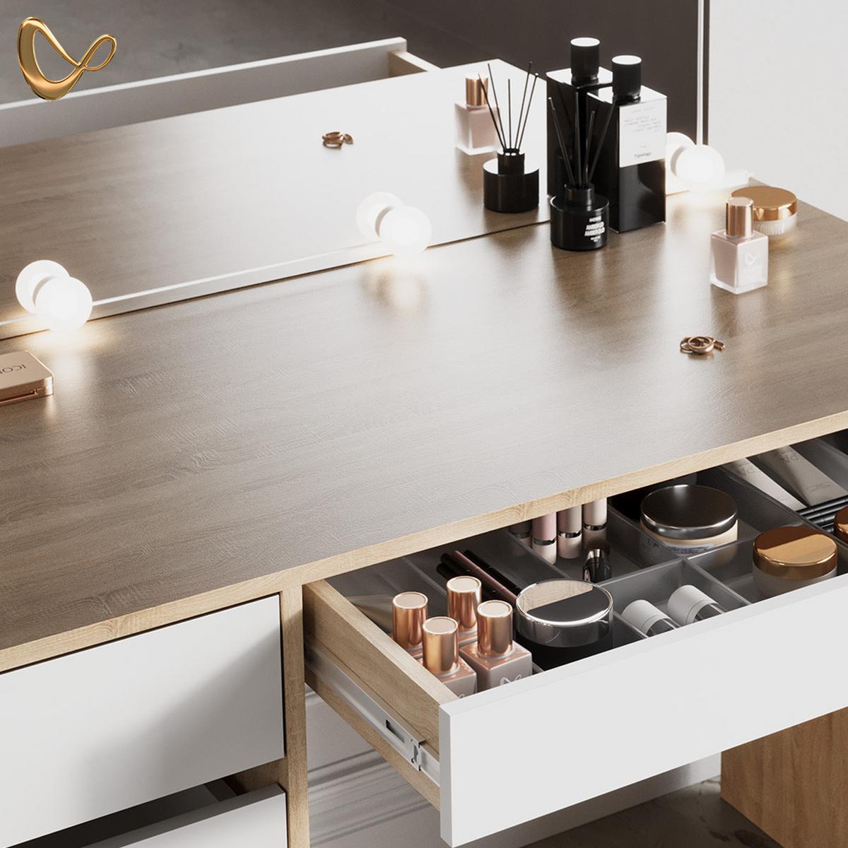 SCHMINKTISCH Imola Weiß/Sonoma 120 cm mit Hocker - Weiß/Sonoma Eiche, Holzwerkstoff (120/75/55cm) - Livinity®