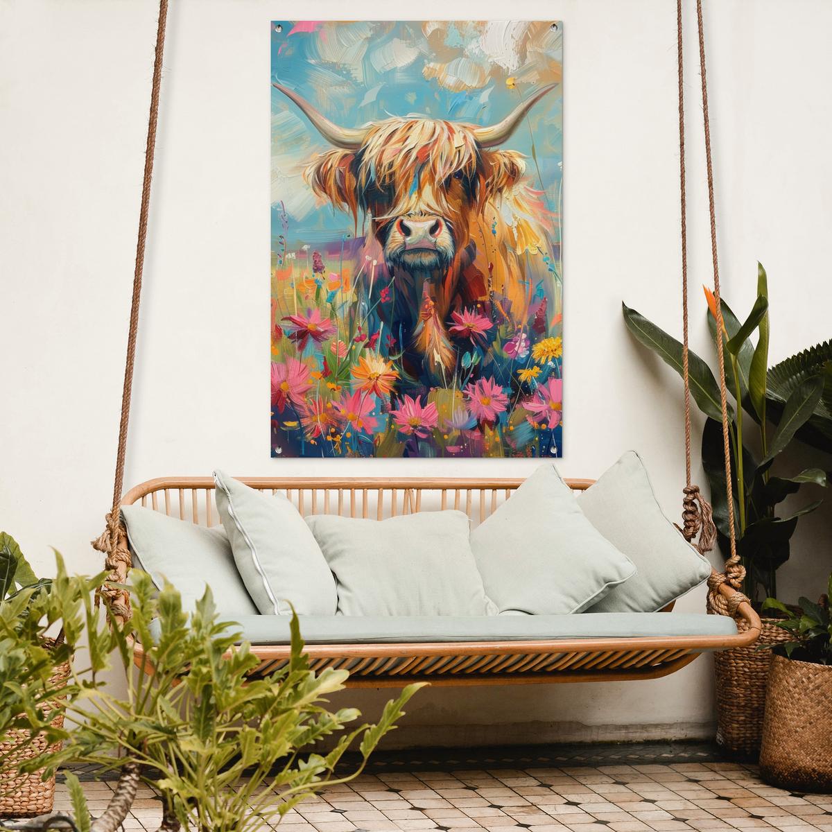 GARTENPOSTER Schottische Hochländer - Natur - Farbenfroh - Blumen Outdoor Bilder 80x120 cm - Hellblau, Kunststoff (80/120/0.2cm) - OnlyWow