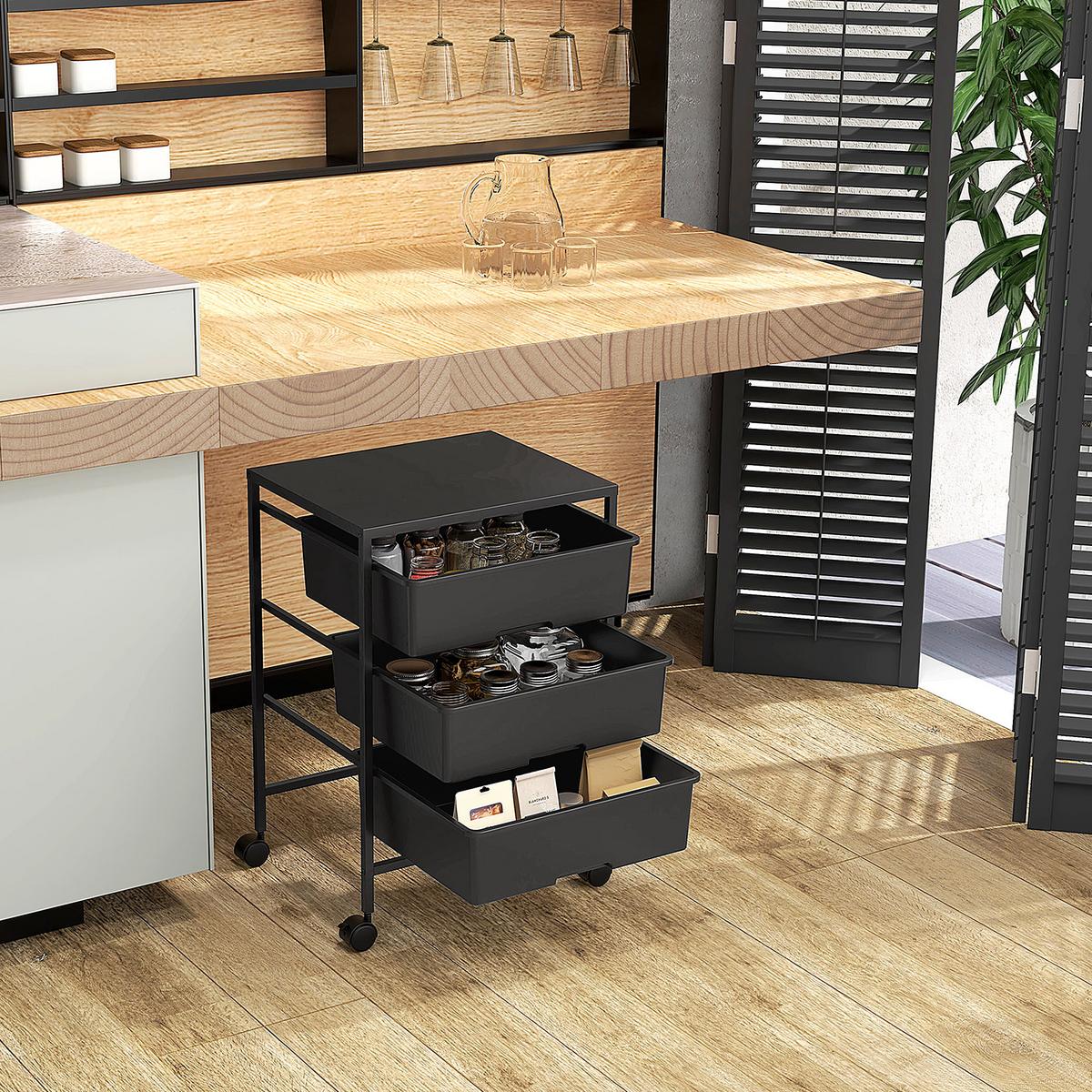 ROLLWAGEN, Servierwagen mit 3 Etagen, 40,8 x 33,5 x 60,5 cm, Schwarz - Schwarz, Metall (33.5/60.5/40.8cm) - HOMCOM