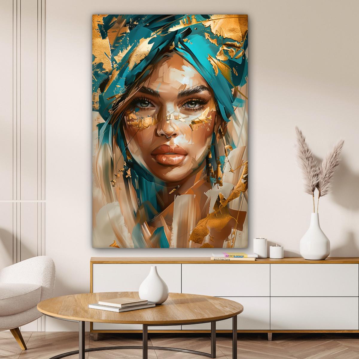 LEINWANDBILD Frau - Porträt - Gold - Luxus - Blau Deko XXL 80x120 cm - Türkis, Textil (80/120cm) - MuchoWow