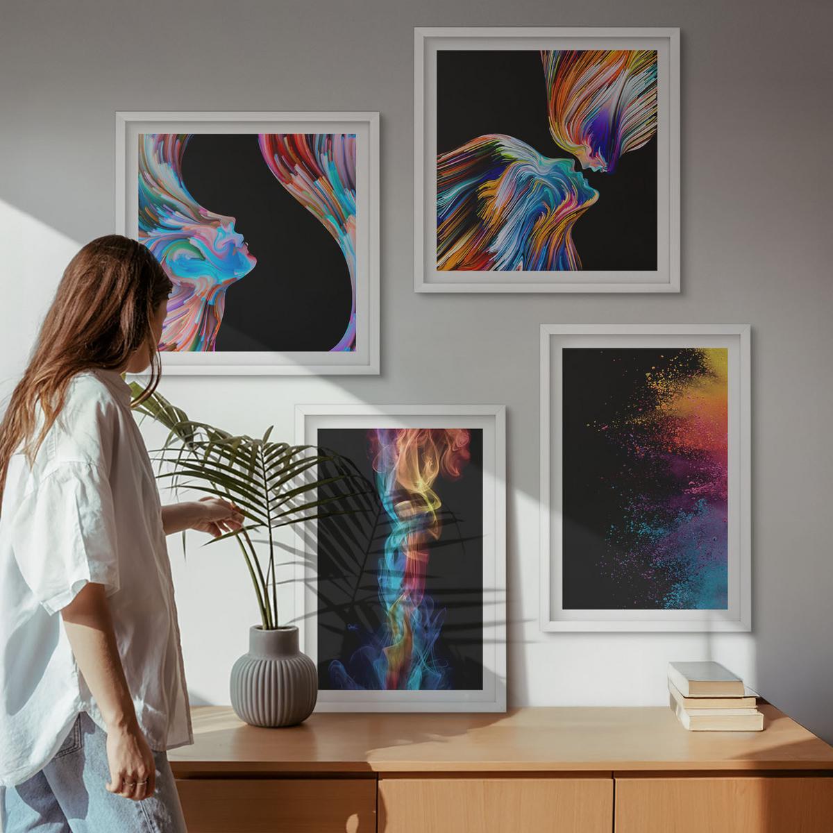 BILDER SET 4er Set - 50x50 cm & 40x60 cm Weißer Rahmen - Farbenfrohe Abstraktionen, Gesichter, Formen - Weiß, Kunststoff (50/50cm) - TULUP