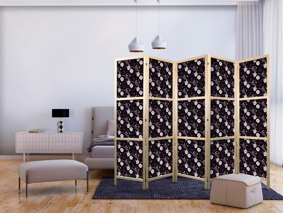 PARAVENT Japanischer 5-tlg 225x172 cm Blumen und V gel - Schwarz, Holz/Textil (225/172/3cm) - Muralo