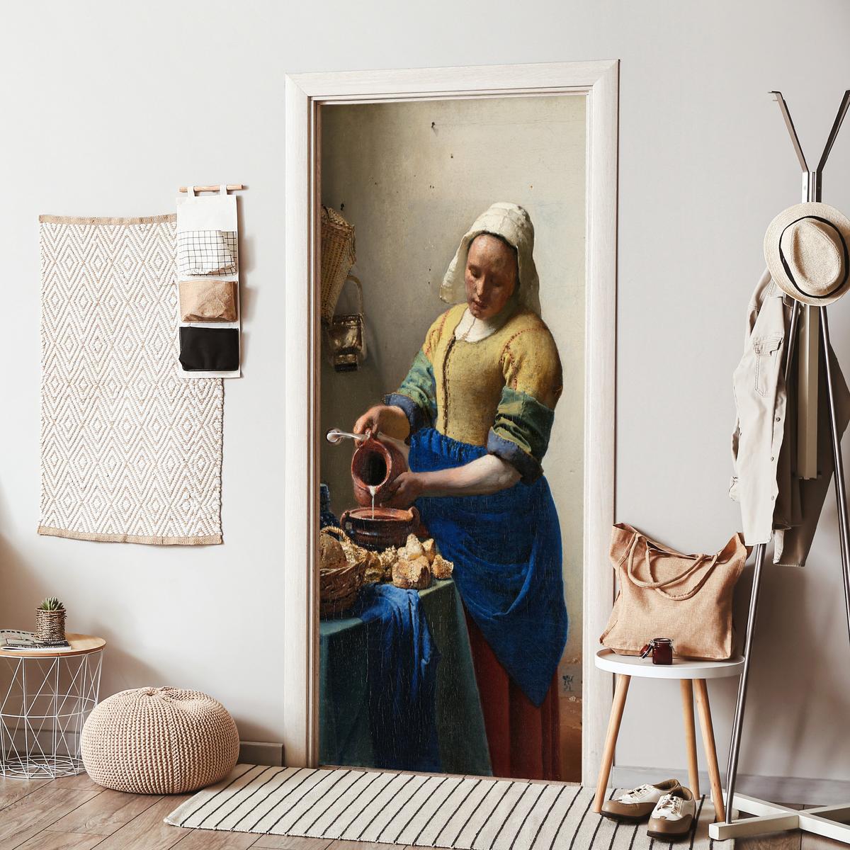 TÜRAUFKLEBER Das Milchmädchen - Johannes Vermeer 90x215 cm - Türtapete - Dunkelblau, Kunststoff (90/0.1cm) - MuchoWow
