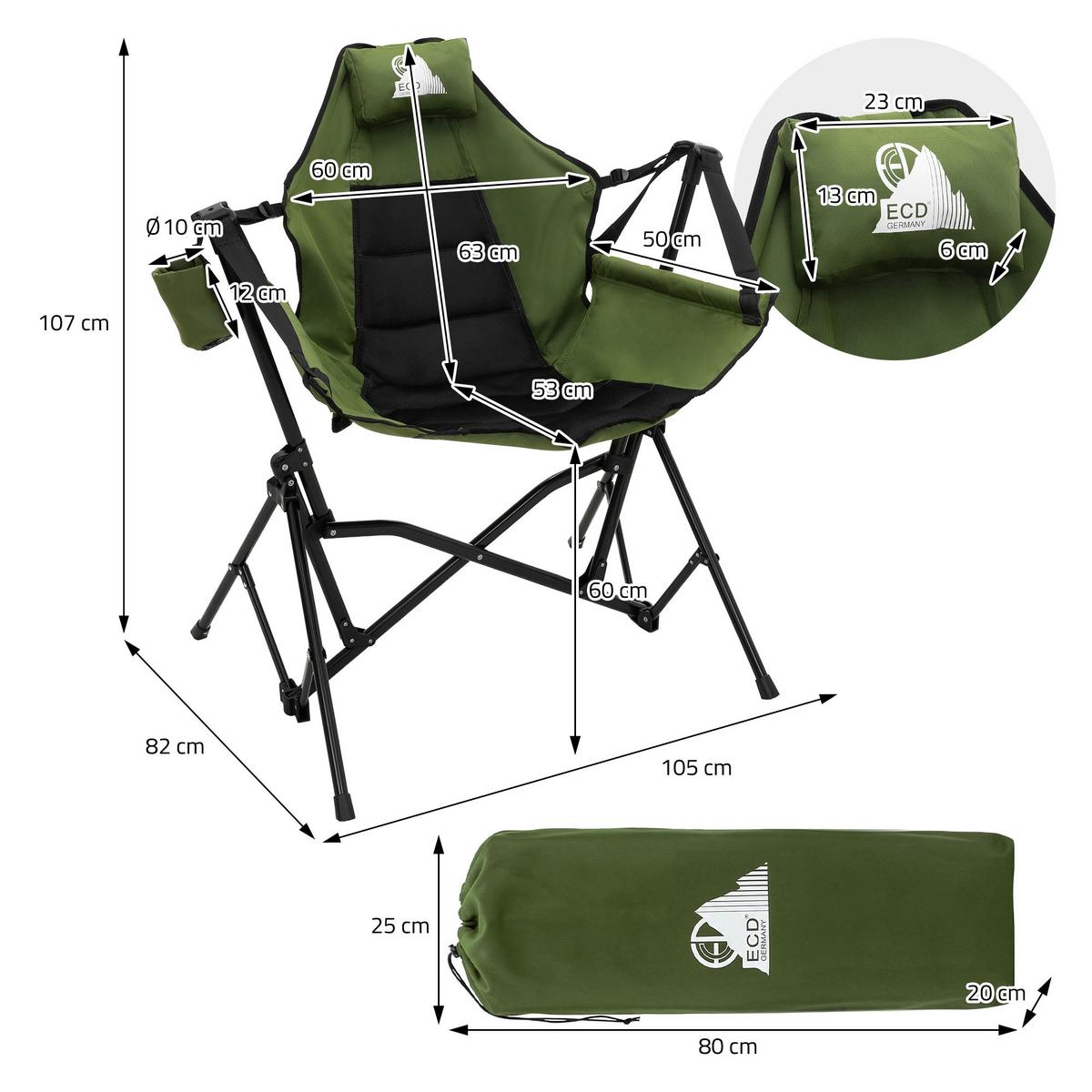 CAMPINGSTUHL faltbar Khaki mit Stahlgestell 82x105x107 cm - Grün, Textil/Metall (105/107/82cm) - ECD-Germany
