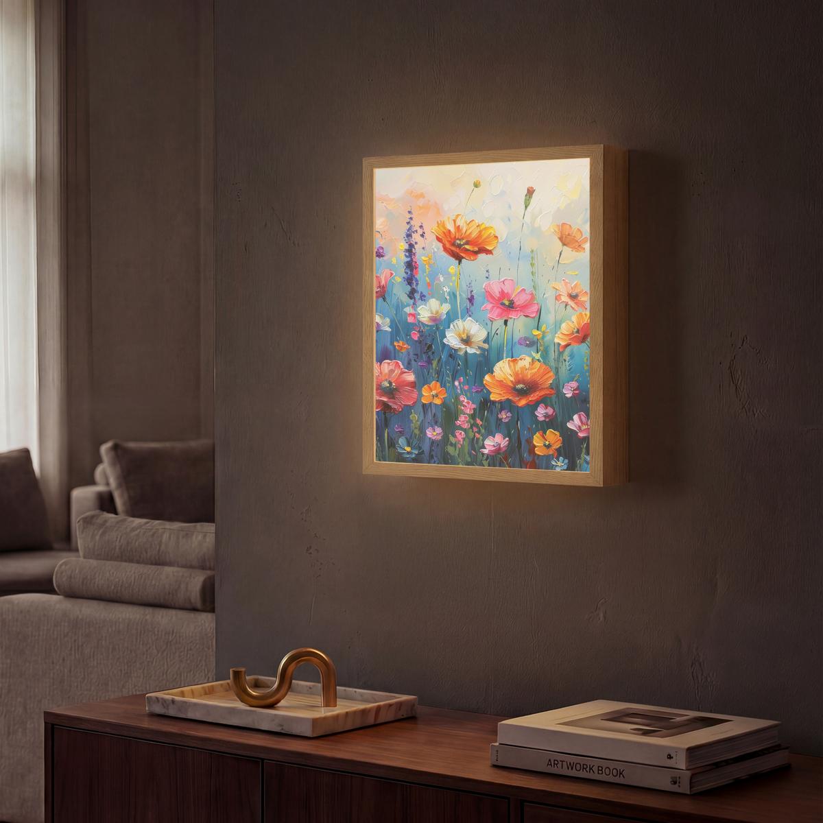 WANDLEUCHTE MIT AKKU Blumen - Natur - Aquarell - Kunst 30x40 cm - Multicolor, Holzwerkstoff (30/40/8cm) - OnlyWow