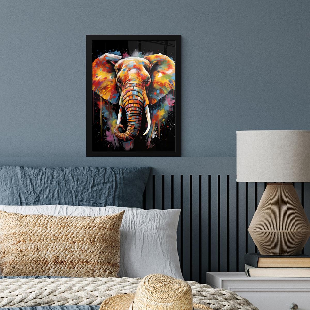 POSTER MIT RAHMEN Elefant - Graffiti - Schwarz - Tiere - Farben Bilderrahmen 30x40 cm - Schwarz, Papier (30/40cm) - MuchoWow