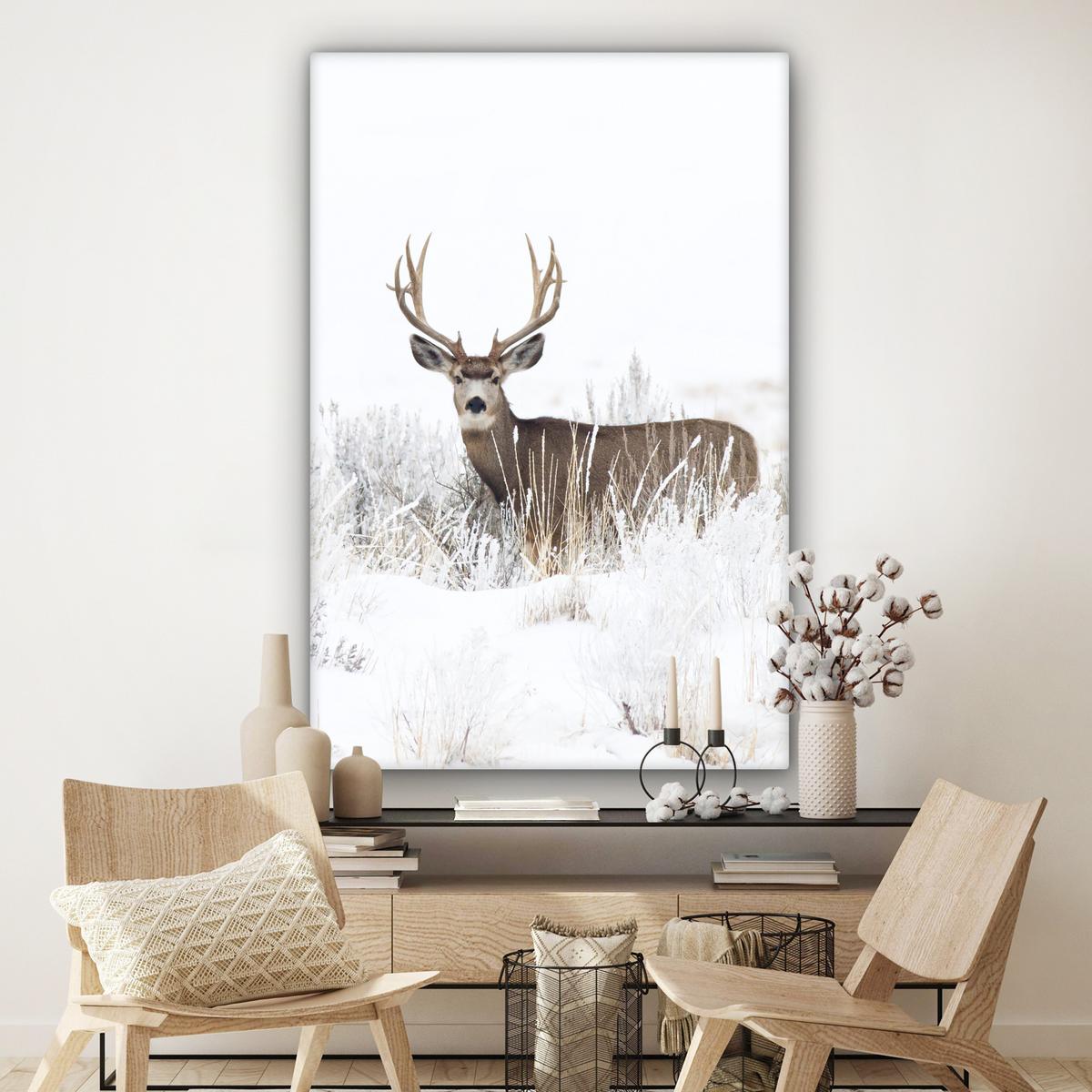 LEINWANDBILD Hirsche - Winter - Schnee - Tiere - Jahreszeiten - Weiß Deko Groß 90x140 cm - Hellbraun, Textil (90/140cm) - MuchoWow