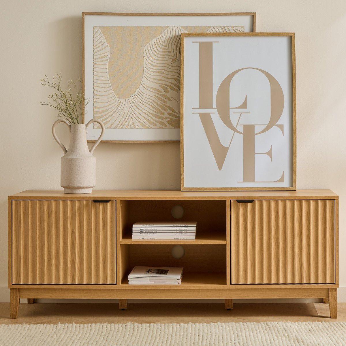 TV-MÖBEL mit 2 offenen Fächern und 2 Türen mit geriffelter Front bologne 40/52/140 cm - Eichefarben, Holzwerkstoff (40/52/140cm) - Calicosy