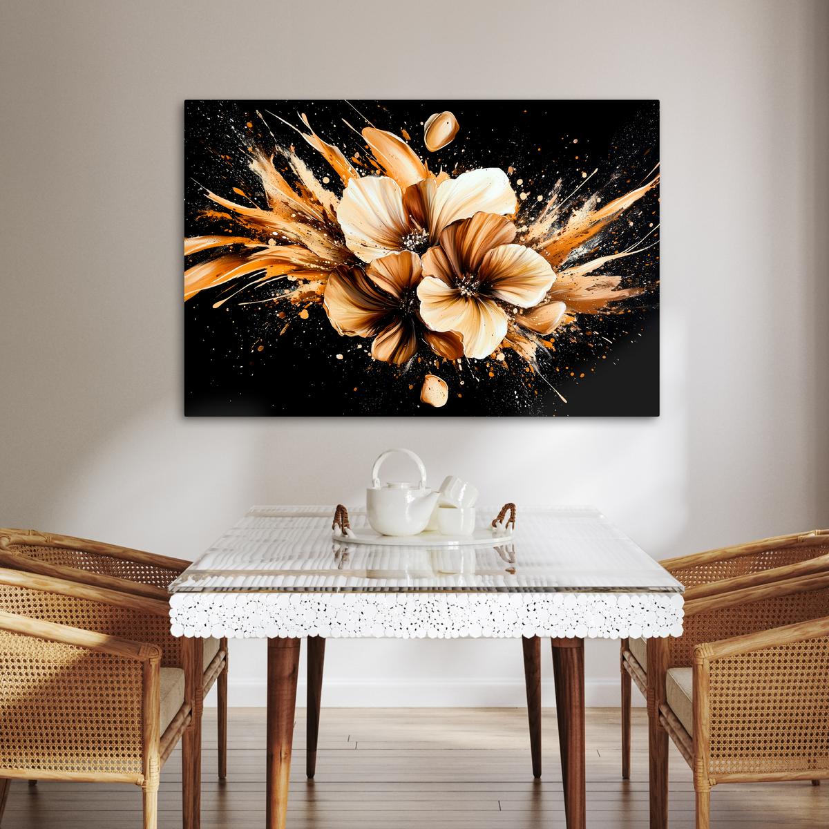 LEINWANDBILD Blumen - Gold - Graffiti - Schwarz - Abstrakt Wohnzimmer Groß 120x80 cm - Cappuccino, Textil (120/80cm) - MuchoWow